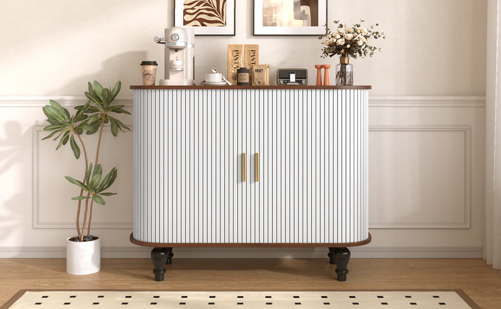 39' Fluted Liquor & Coffee Bar Cabinet with 6 Wine Racks and 3 Glass Holders, Mid-Century Modern Bar Cabinet with A Large Storage Drawer ,4 Hidden Storage Space on the Side , Black