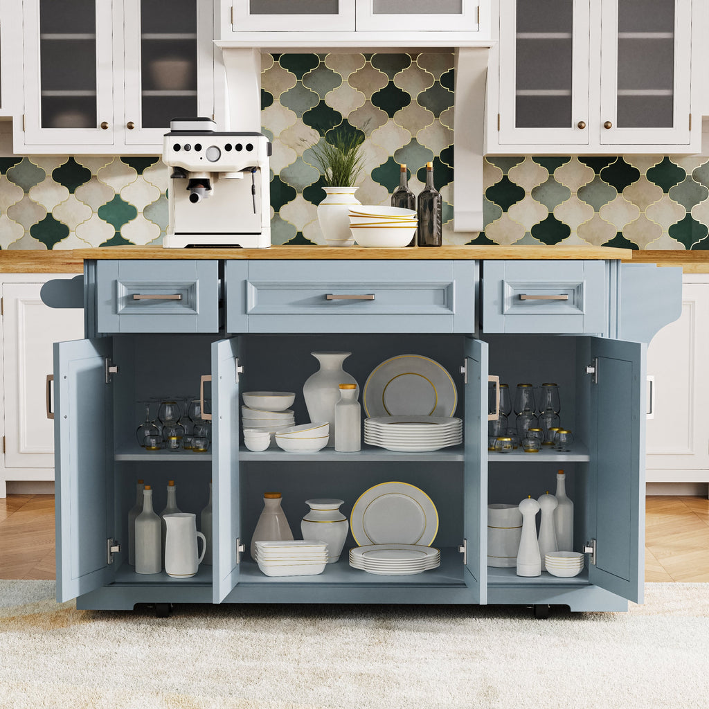 K&K 54inch Large Kitchen Island with Rubber Wood Drop Leaf, Embossed Texture Rolling Kitchen Cart on 4 Wheels with 4 Doors and 3 Drawers, Kitchen Island with Storage for Kitchen, Dining Room,Black