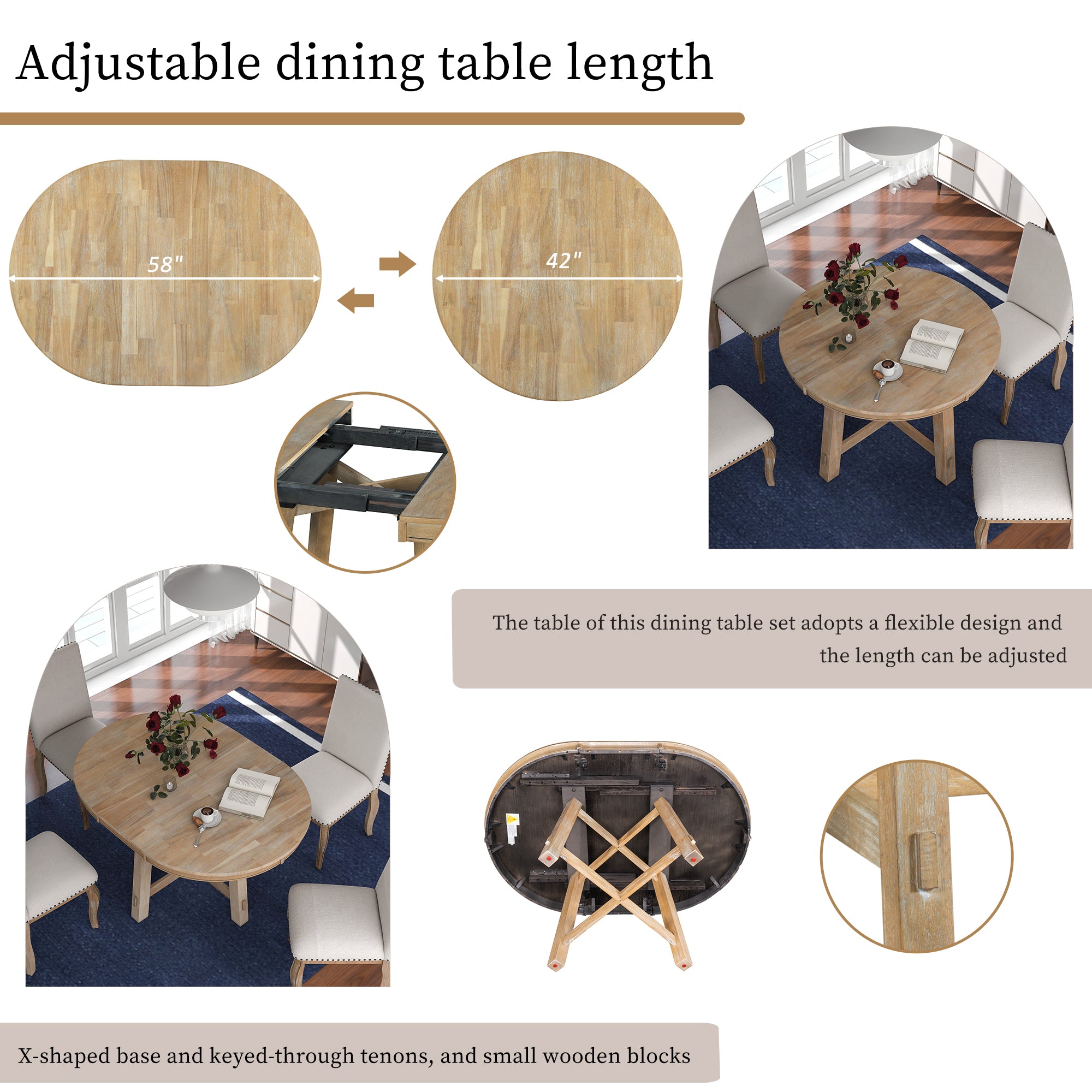 Oak veneer round tabletop extendable leaf mechanism close-up