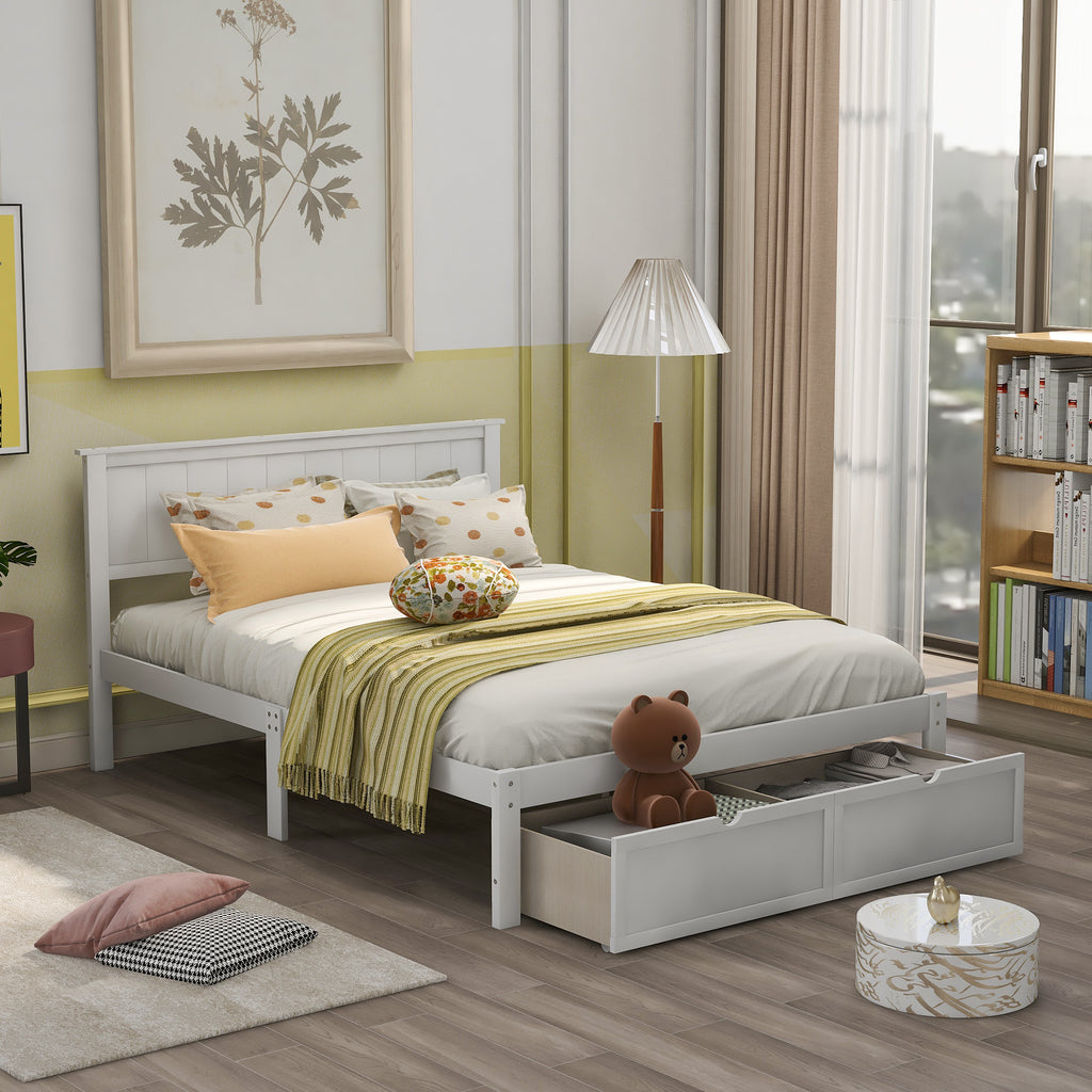 White full size platform bed with under-bed drawers — front view