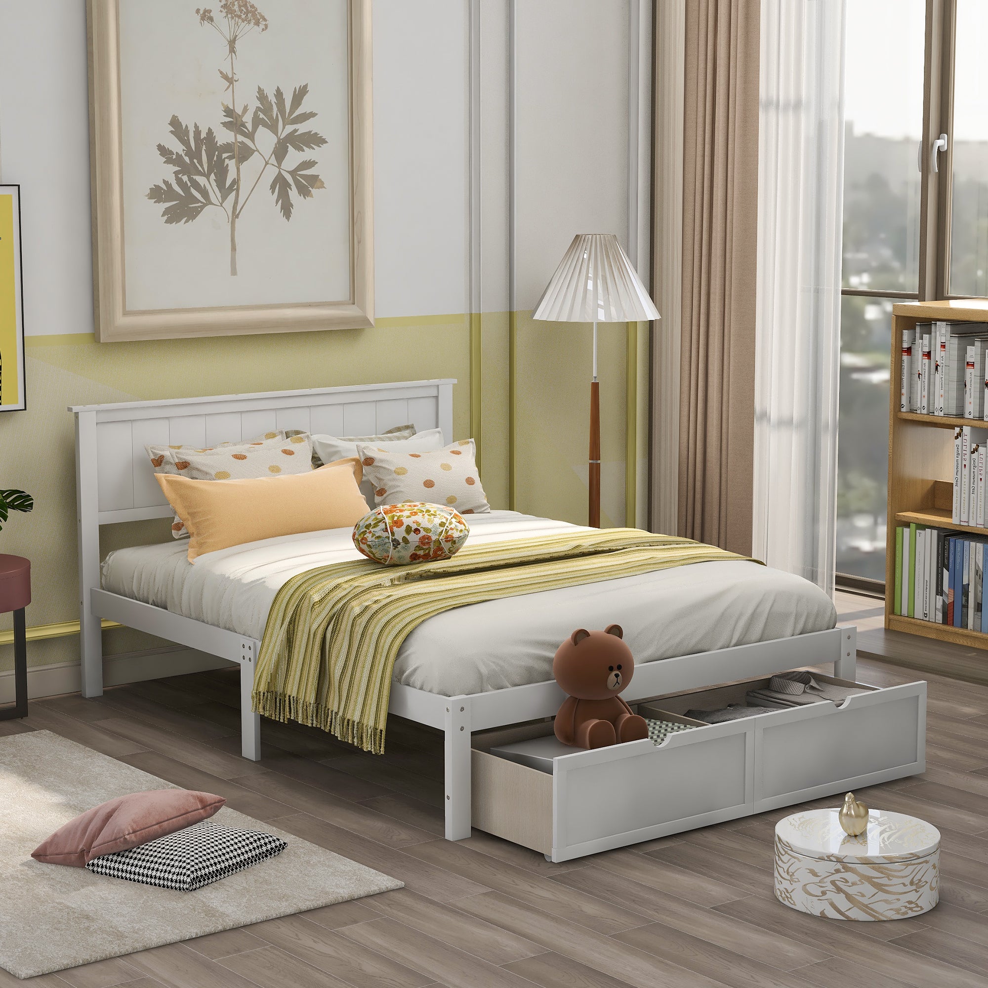 White full size platform bed with under-bed drawers — front view