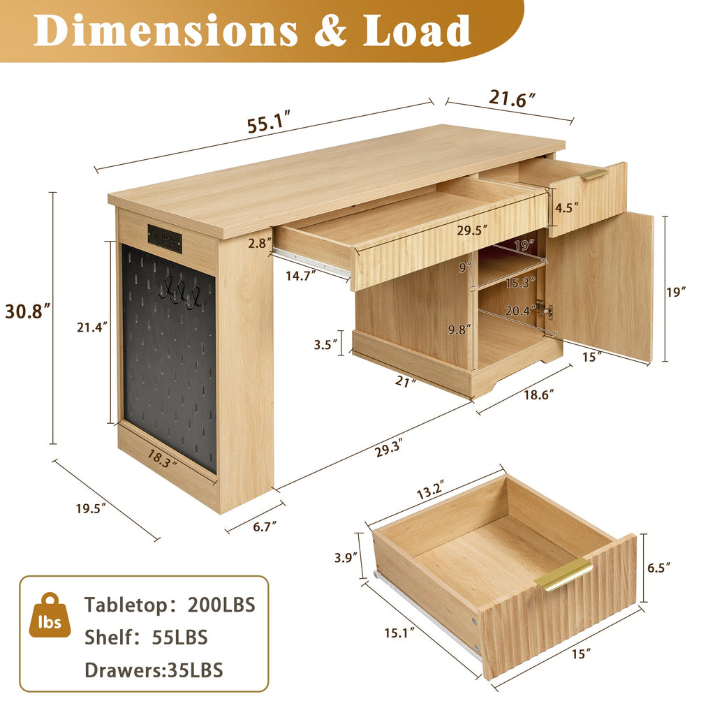 Fluted Office Desk with Pegboard, Charging Station, Keyboard Tray & Storage — 55-Inch