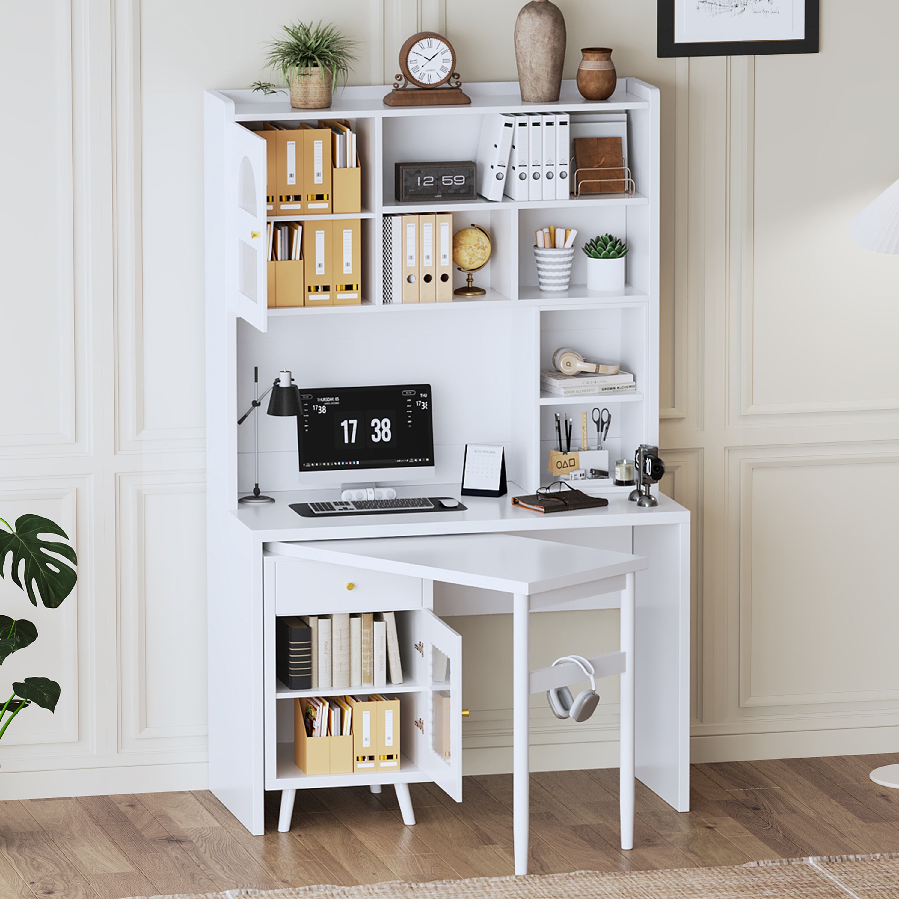 White home office desk with drawer and glass-door cabinets