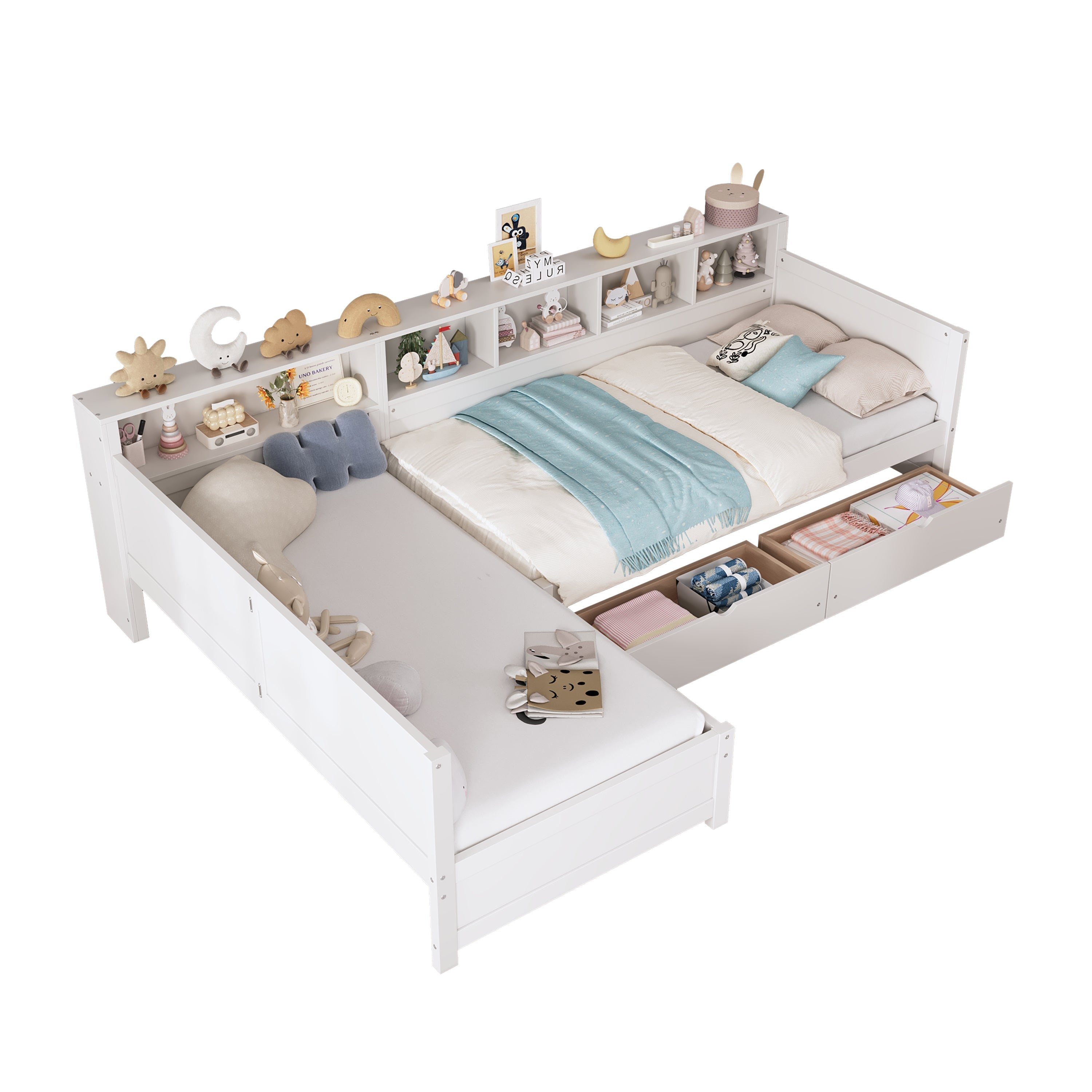 Twin Size Day Bed for 2, L- Shape Twin Size Bed Frame with Storage 3 Drawers, Wooden Corner Bed with Bookshelf, Corner Bed Frame For Bedroom, Living Room,Grey