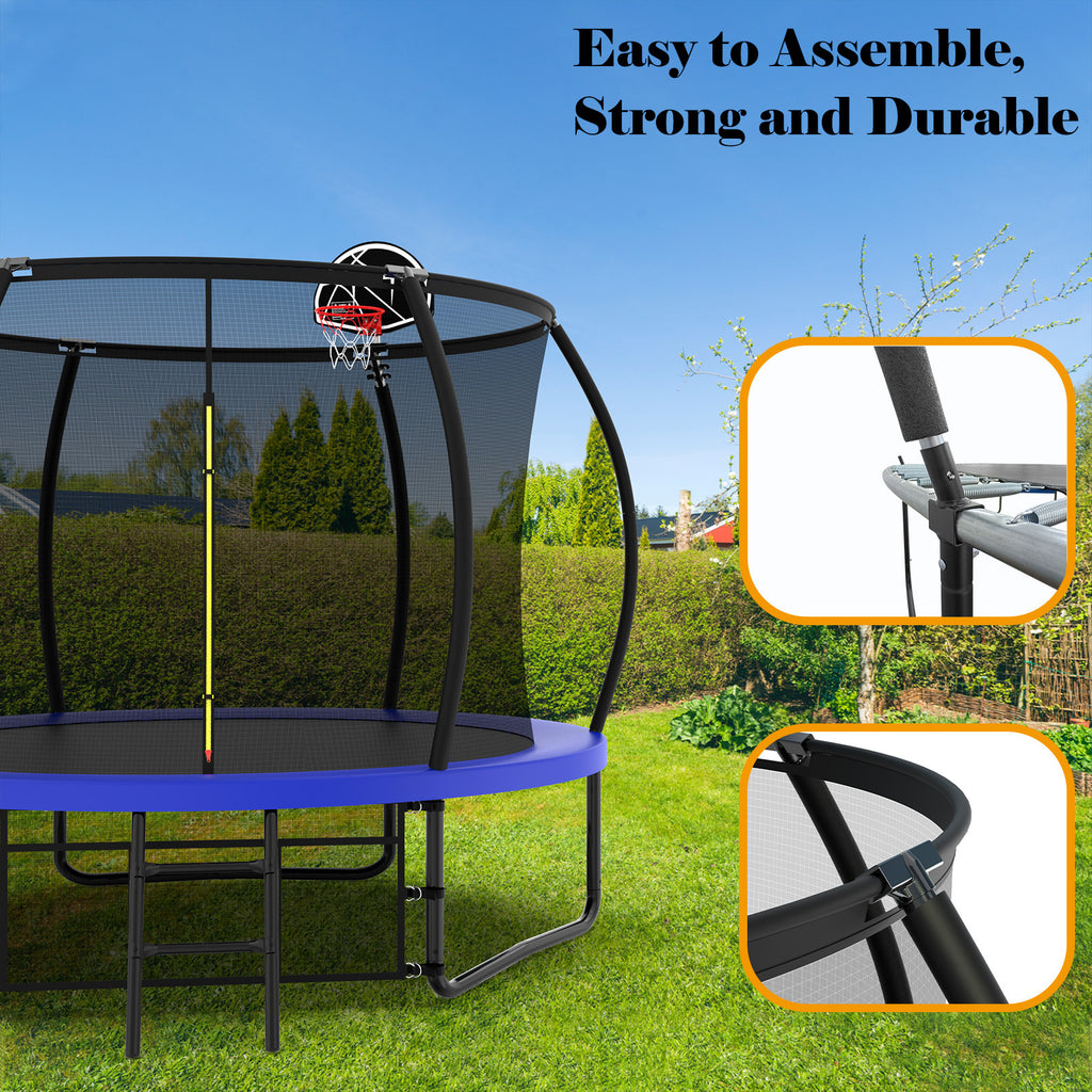 Blue kids outdoor pumpkin trampoline with basketball hoop full view