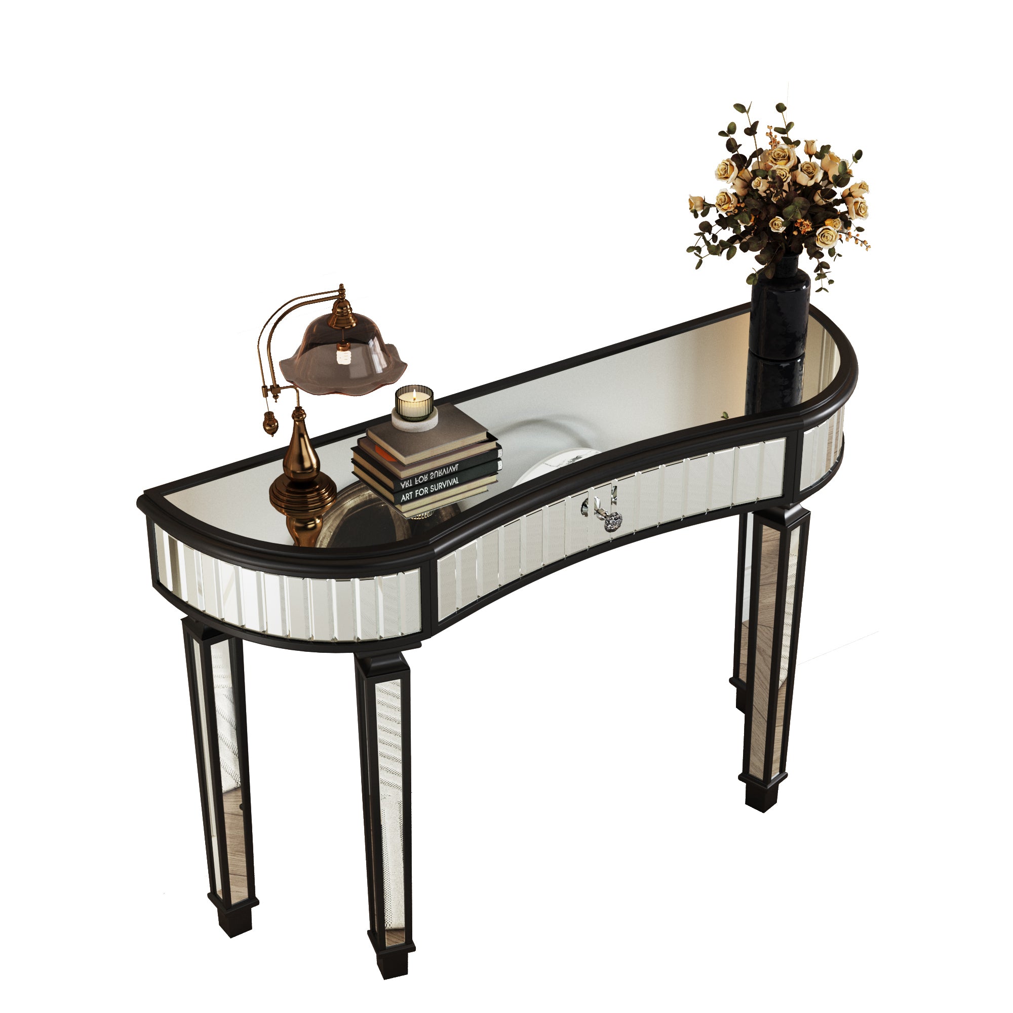 Half-moon mirrored console table full product display black