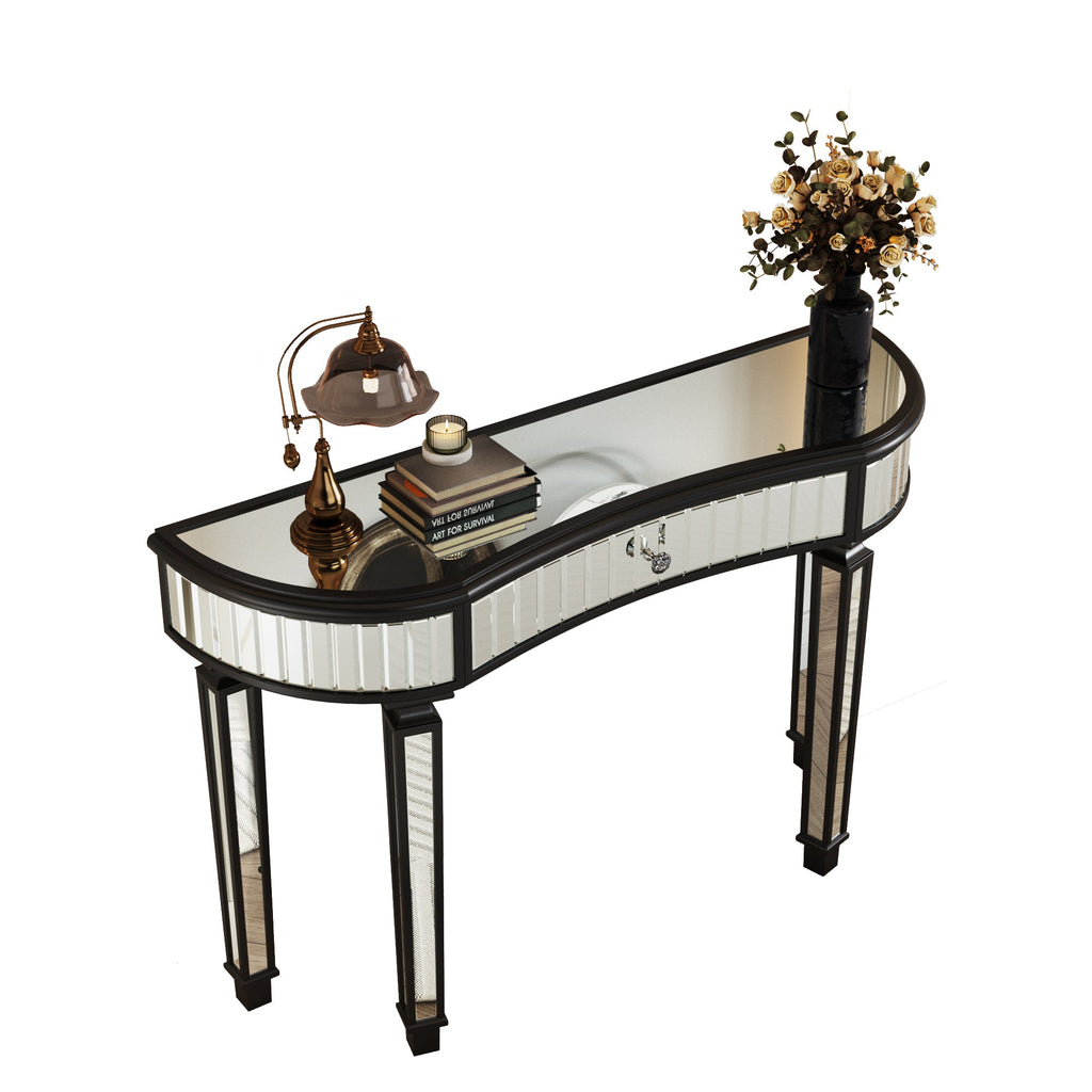 47" Half-Moon Mirrored Console Table — Fluted Glass & Crystal Drawer