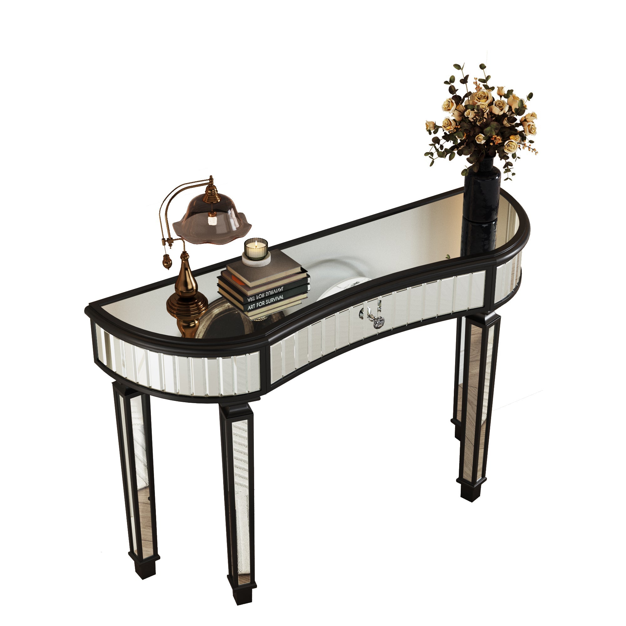 47" Half-Moon Mirrored Console Table — Fluted Glass & Crystal Drawer