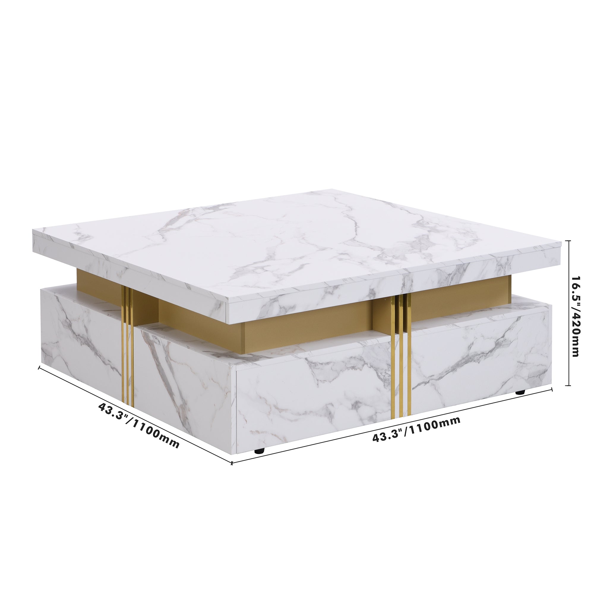 Square Storage Coffee Table — 4 Drawers & Gold Accents