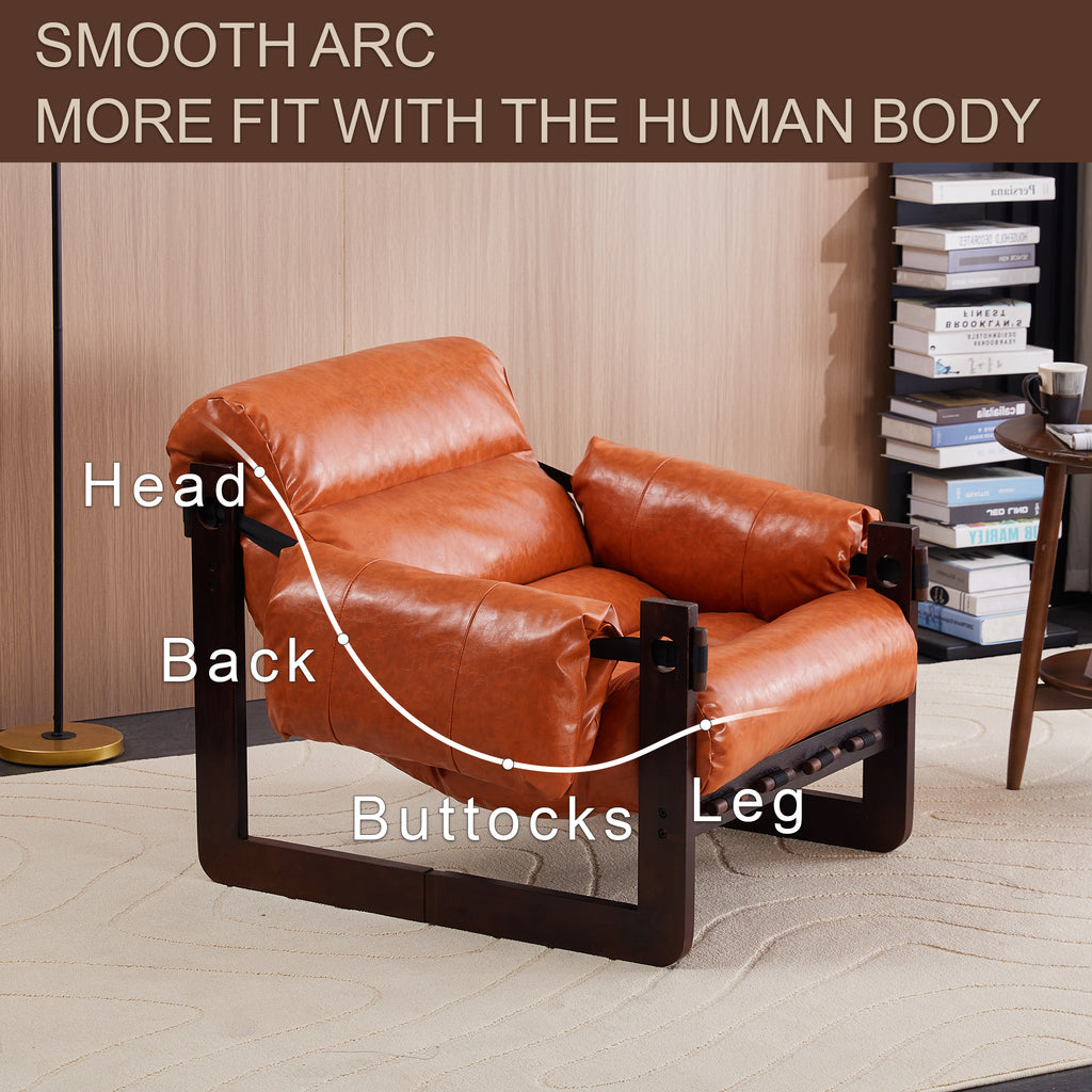 Retro orange accent chair rubberwood frame side view