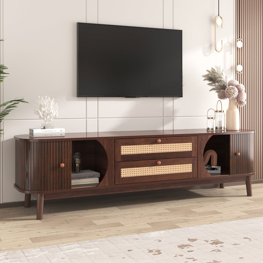 Modern Farmhouse Rattan TV Stand — for TVs Up to 75" (Natural Wood)