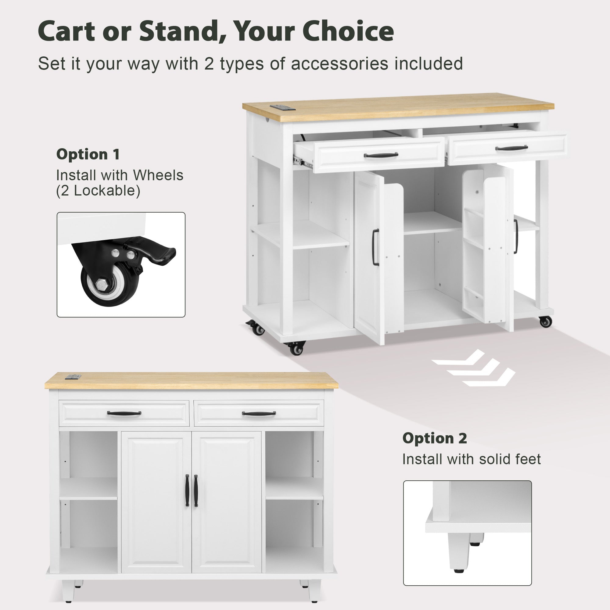K&K 47 inch Kitchen Island with Extendable Dining Table, Rubber Wood Veneer Kitchen Table with Internal Storage Rack, Power Outlet, Kitchen island with Storage 2 Drawers 2 Cabinet, Black