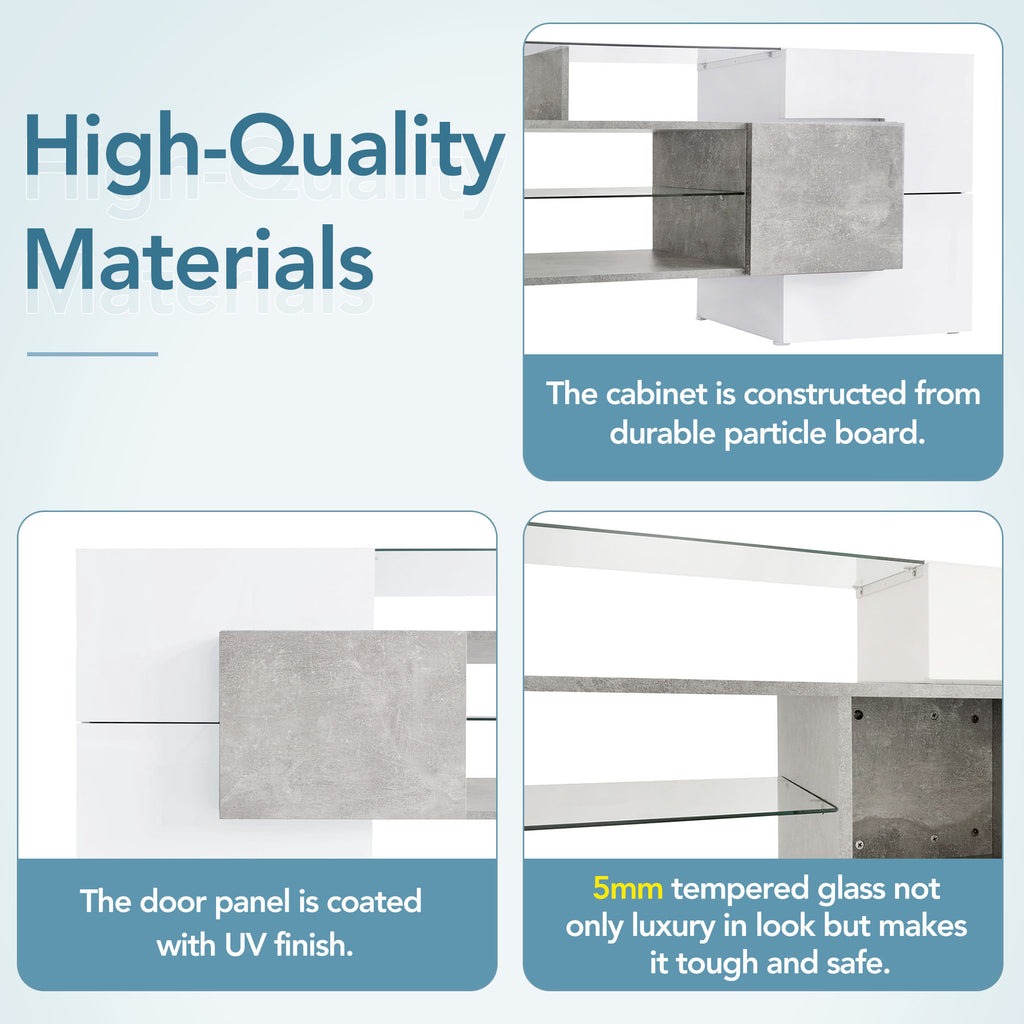 Grey high gloss TV stand with cabinet storage detail
