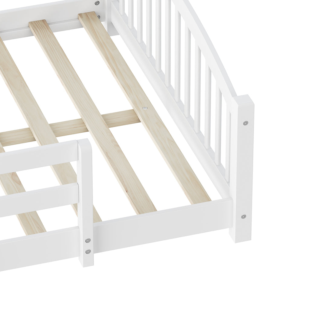 Full Montessori Floor Bed with Slats and Safety Guardrails, Solid Wood Floor Bed with Fence and Without Door, Easy Assemble Montessori Bed for Girls and Boys, Gray