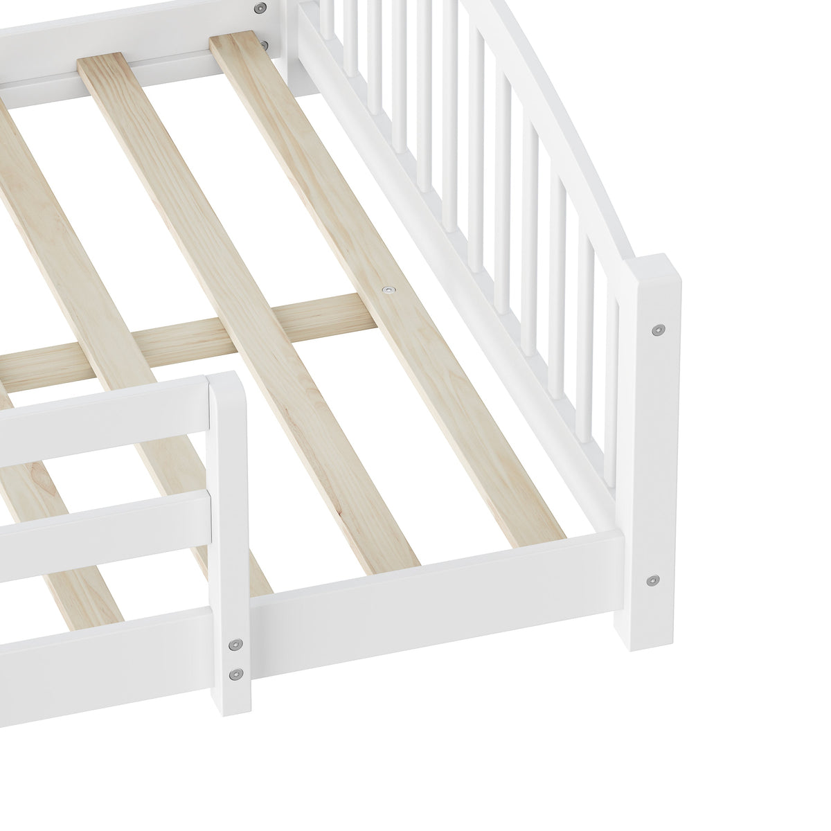Full Montessori Floor Bed with Slats and Safety Guardrails, Solid Wood Floor Bed with Fence and Without Door, Easy Assemble Montessori Bed for Girls and Boys, Gray