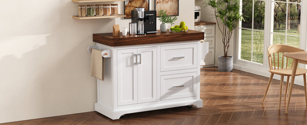K&K 53' Large Kitchen Island with 3.5' Thick Desktop, Spice and Towel Racks, Rolling Kitchen Island with Storage on 5 Wheels, 2 Extra-large Drawers, for Home, Kitchen, Dining Room, Black