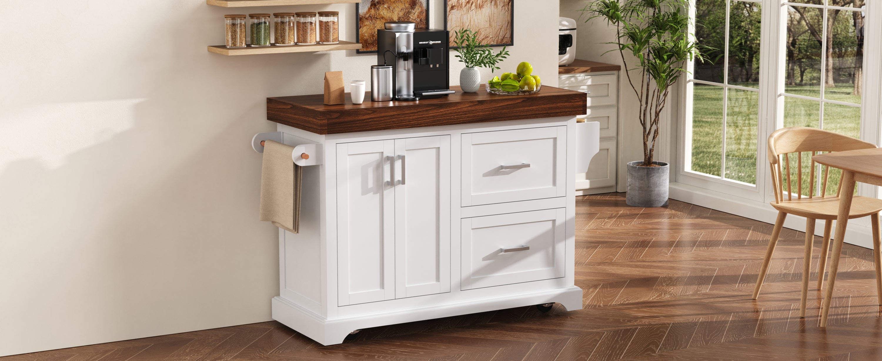 K&K 53' Large Kitchen Island with 3.5' Thick Desktop, Spice and Towel Racks, Rolling Kitchen Island with Storage on 5 Wheels, 2 Extra-large Drawers, for Home, Kitchen, Dining Room, Black
