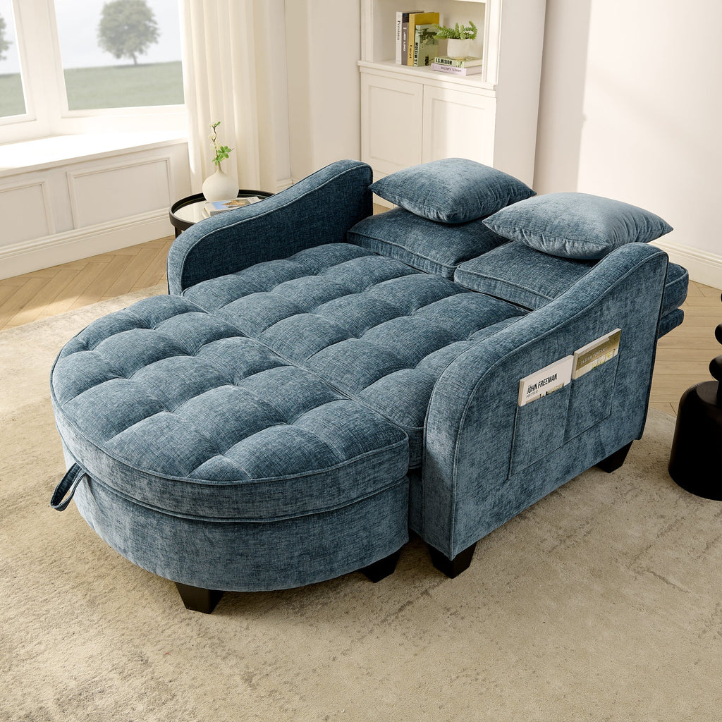 Two-seater sofa, double sofa chaise longue, with irregular armrests and backrests, footrest with storage space, comes with two small throw pillows, suitable for living room and bedroom -Blue