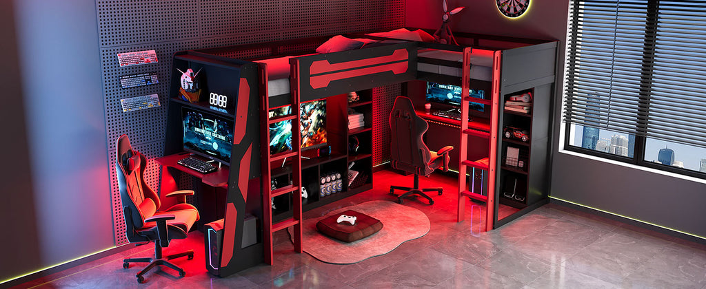 RGB LED light strips on red gaming bed frame