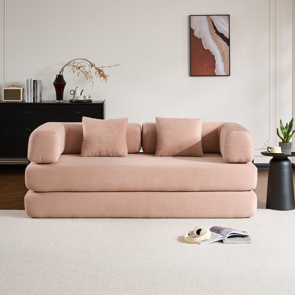 Convertible Sleeper Sofa Bed with Cylindrical Pillow, Corduroy Folding Mattress Couch with Fixed-Shape Frame, Floor Sofa Lounge Couch for Living Room Bedroom Black