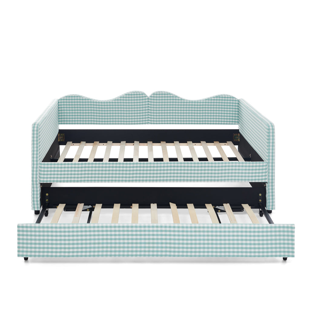 Full‑Size Daybed,Gingham Upholstered Daybed Equipped with Pull-Out Trundle Bed Frame & Side Storage Pocket, Solid Wood Frame Multi-Functional Sofa Bed for Kids Room & Guest Bedroom-PINK