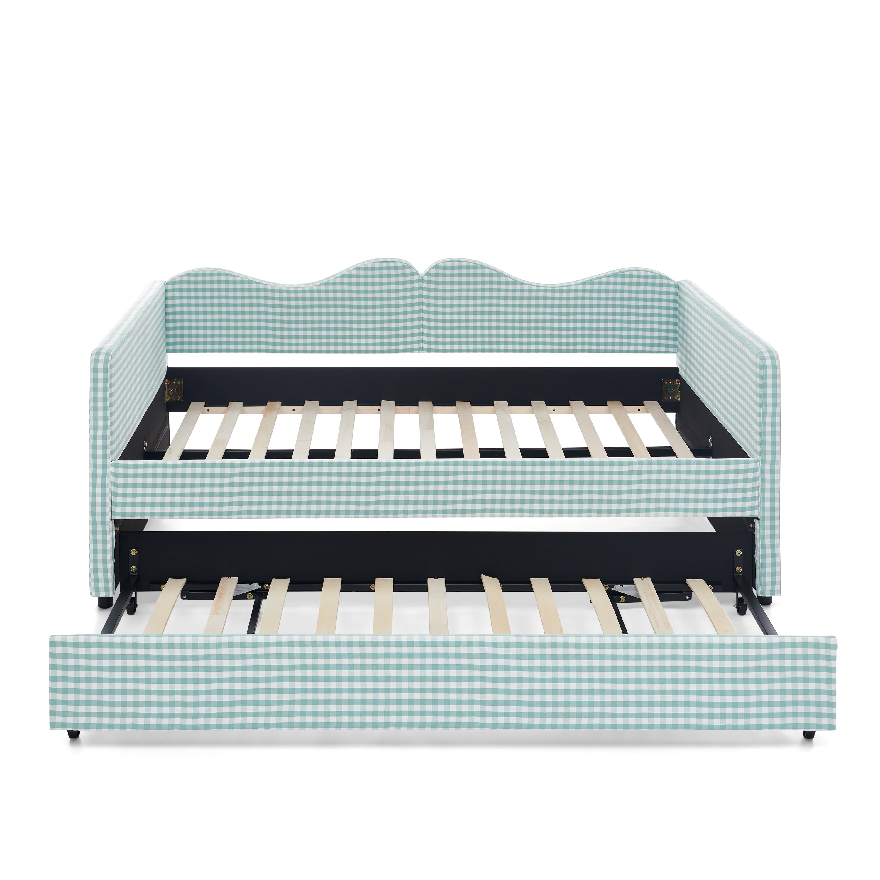 Full‑Size Daybed,Gingham Upholstered Daybed Equipped with Pull-Out Trundle Bed Frame & Side Storage Pocket, Solid Wood Frame Multi-Functional Sofa Bed for Kids Room & Guest Bedroom-PINK