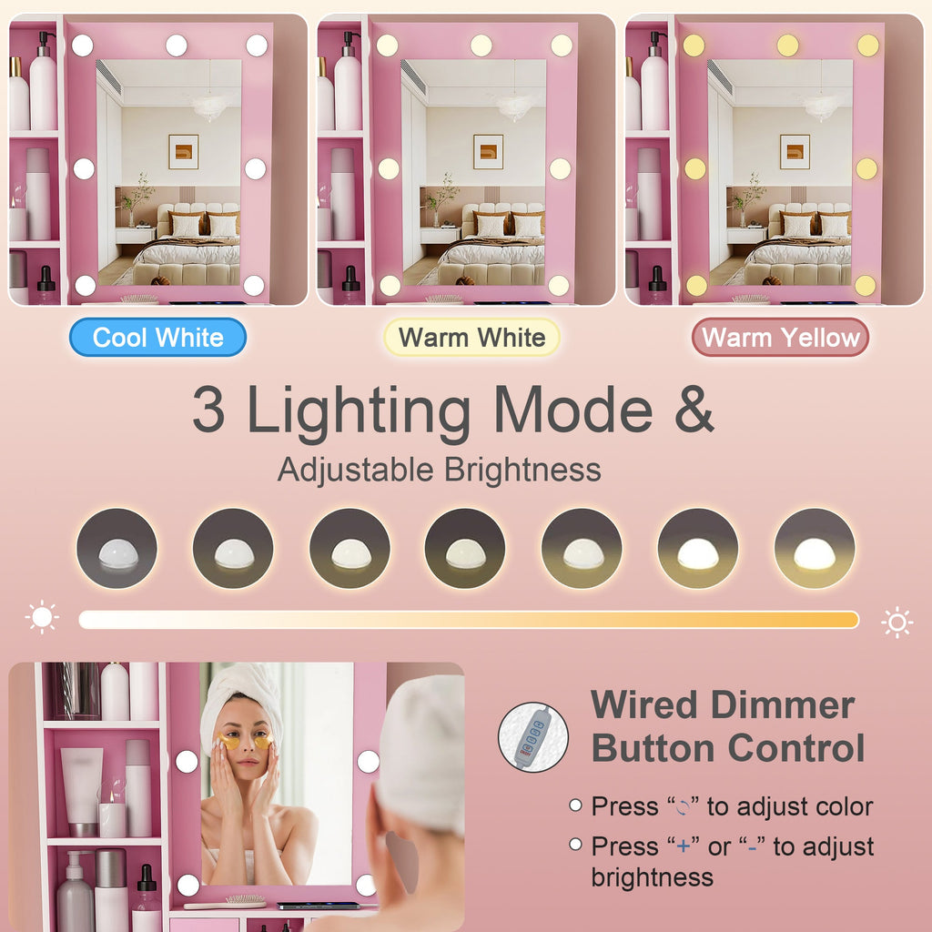 Vanity Table with Mirror, Adjustable LED Lights, Power Outlet, Hairdryer Holder & Stool – Compact Dressing Desk for Small Bedrooms