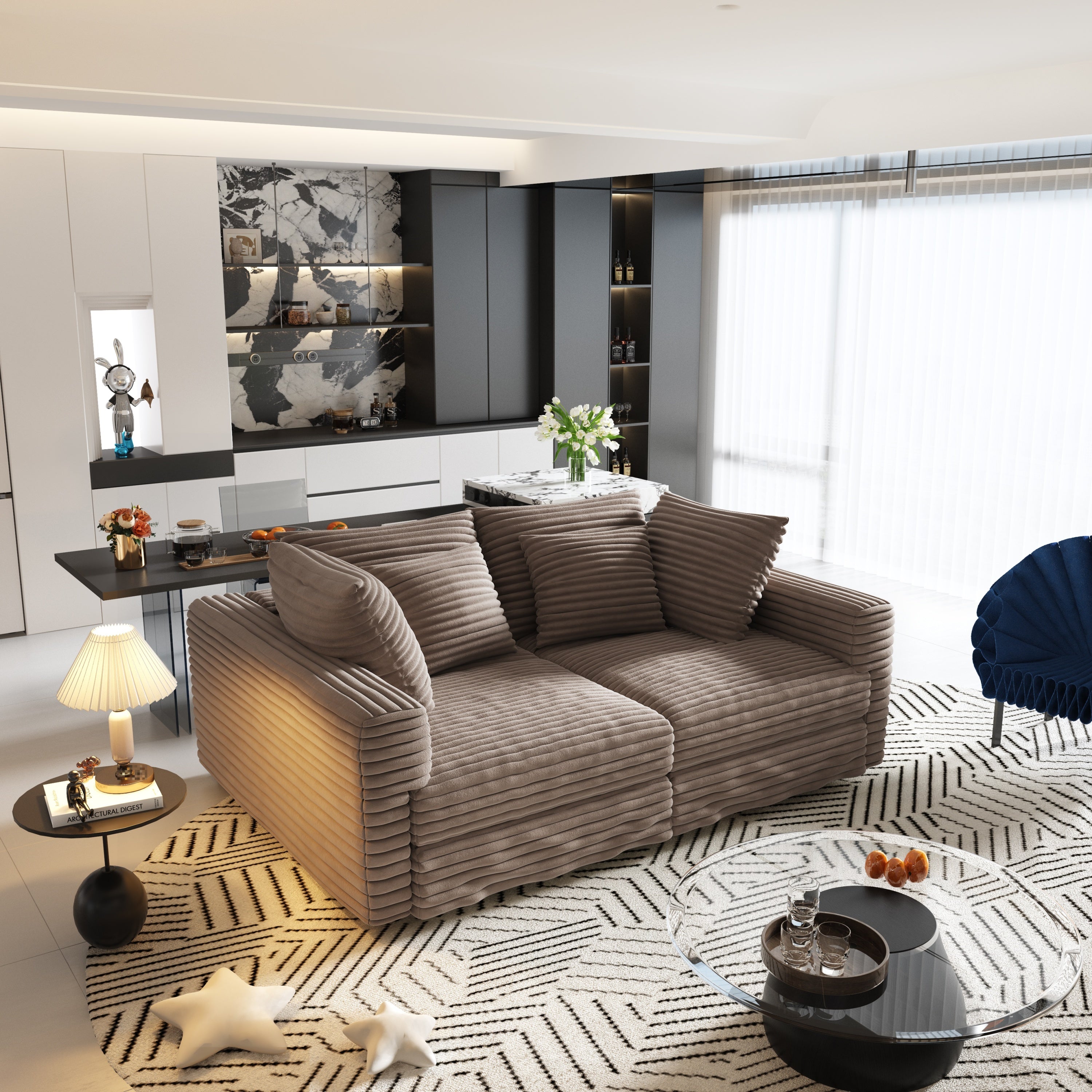 102.4 'Plush Corduroy 4-Seat Sofa,Modern Comfy Upholstered Sofa Cloud Couch,Deep Seat Couches with Soft Pillows and 3 Ottomans,Convertible Sofa Lounge Chair,Black(Old SKU:W1885S00287)