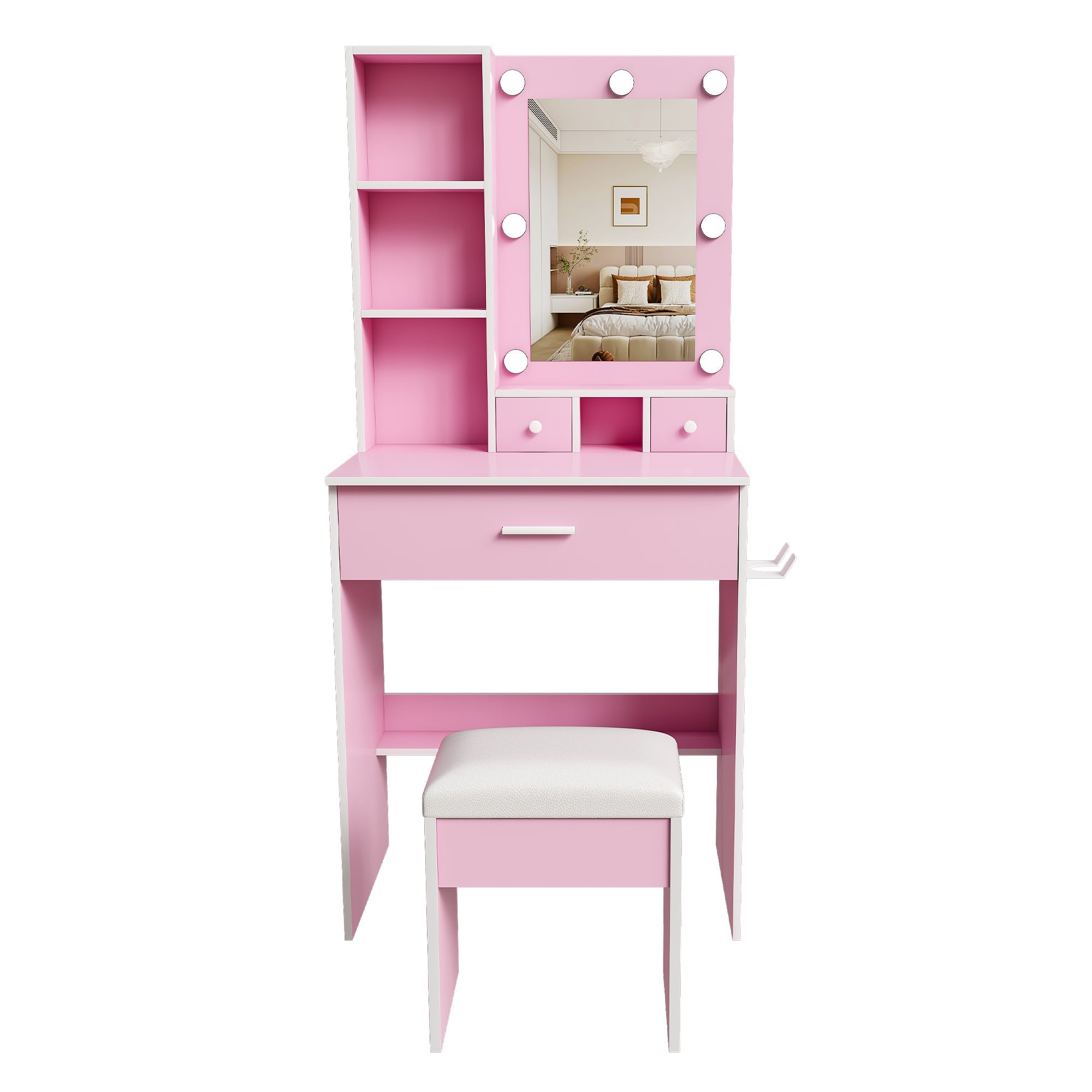 Vanity Table with Mirror, Adjustable LED Lights, Power Outlet, Hairdryer Holder & Stool – Compact Dressing Desk for Small Bedrooms