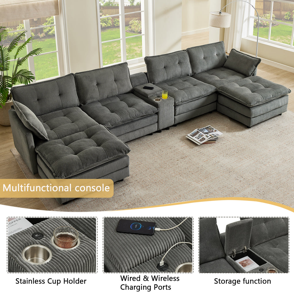 Gray corduroy cloud sectional sofa deep seat cushion close-up