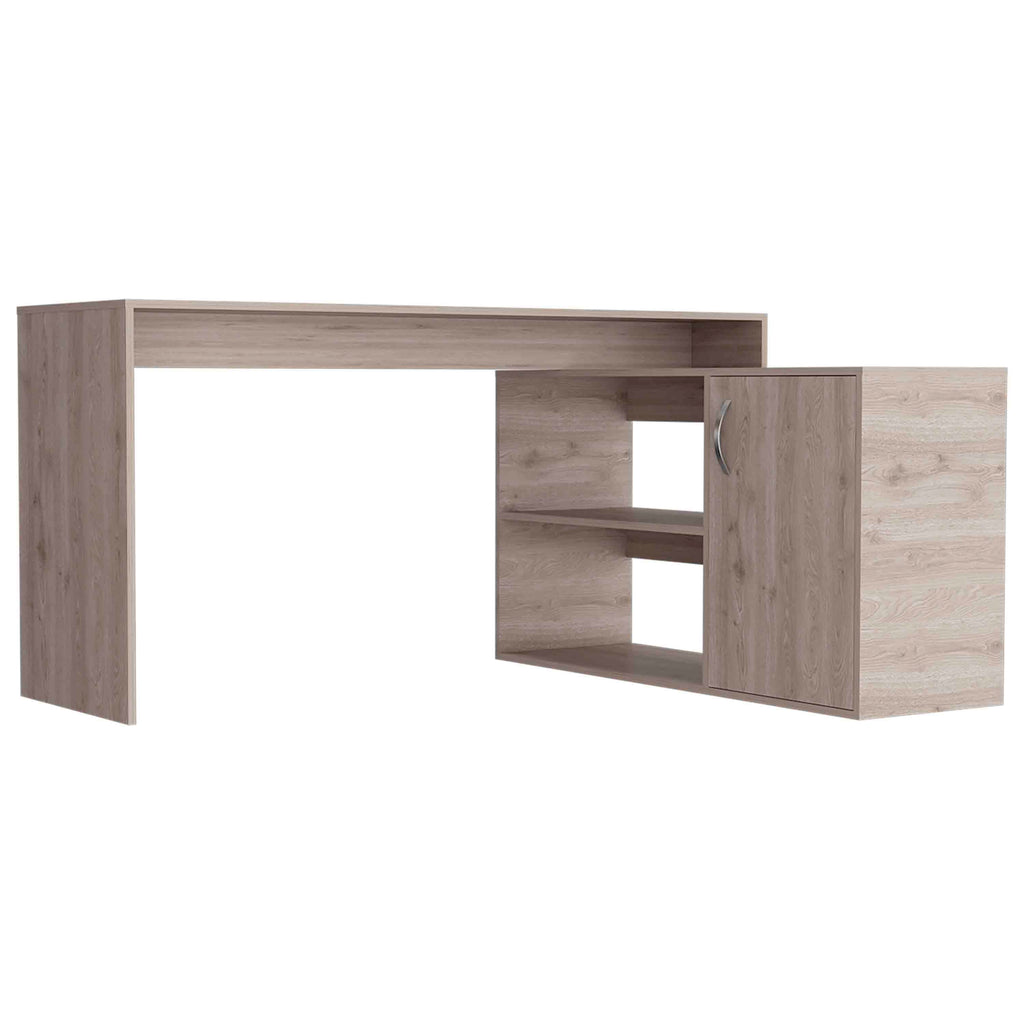 Gray L-shaped office desk with right return and cabinet storage — angle view