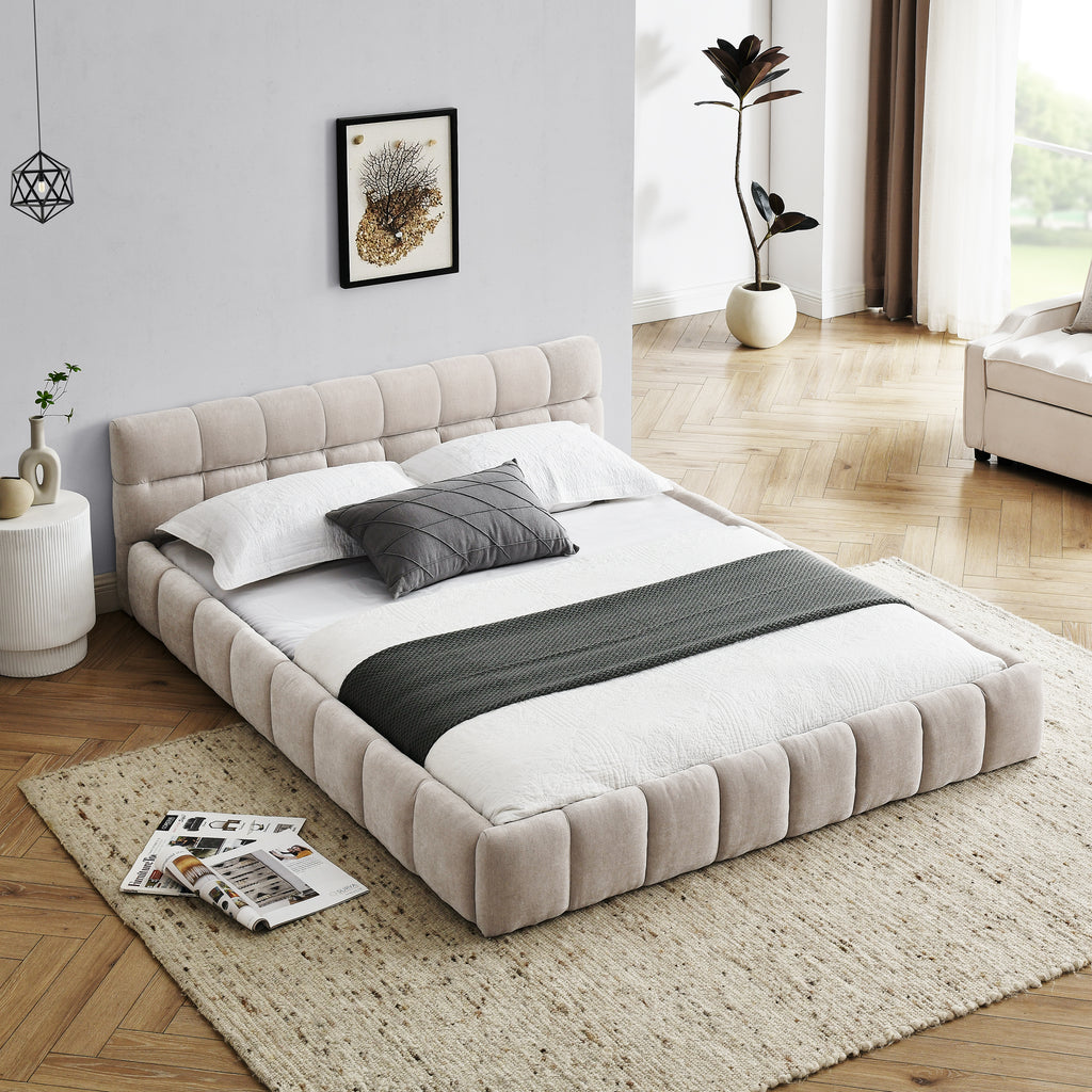 Queen chenille platform bed with headboard — angle view