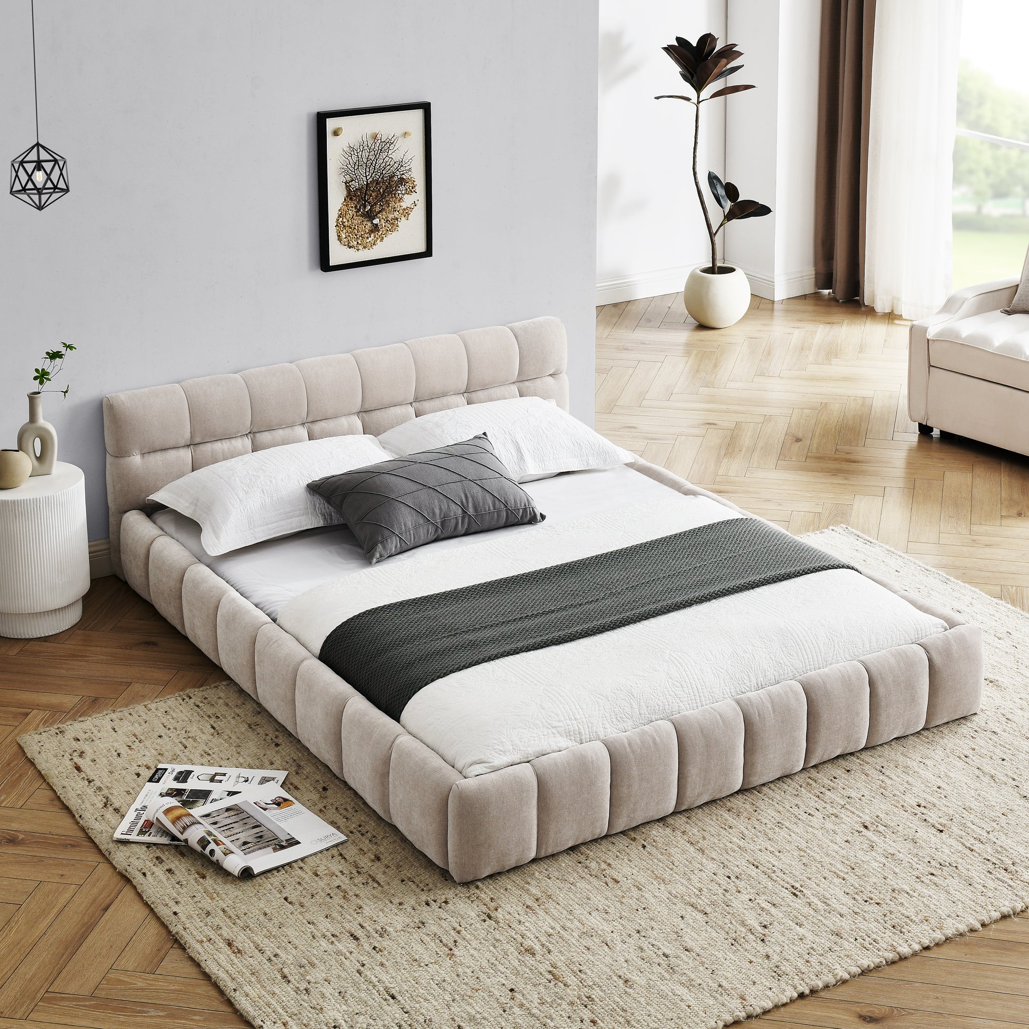 Queen chenille platform bed with headboard — angle view