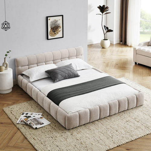 Queen chenille platform bed with headboard — angle view