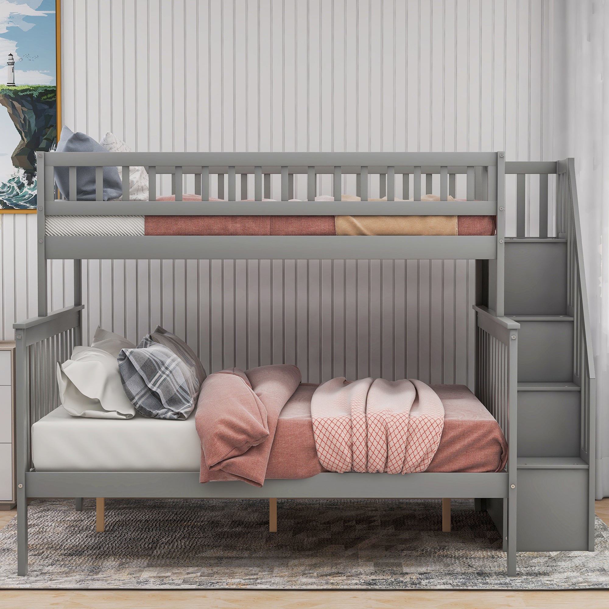Twin-over-full bunk bed separated into two platform beds
