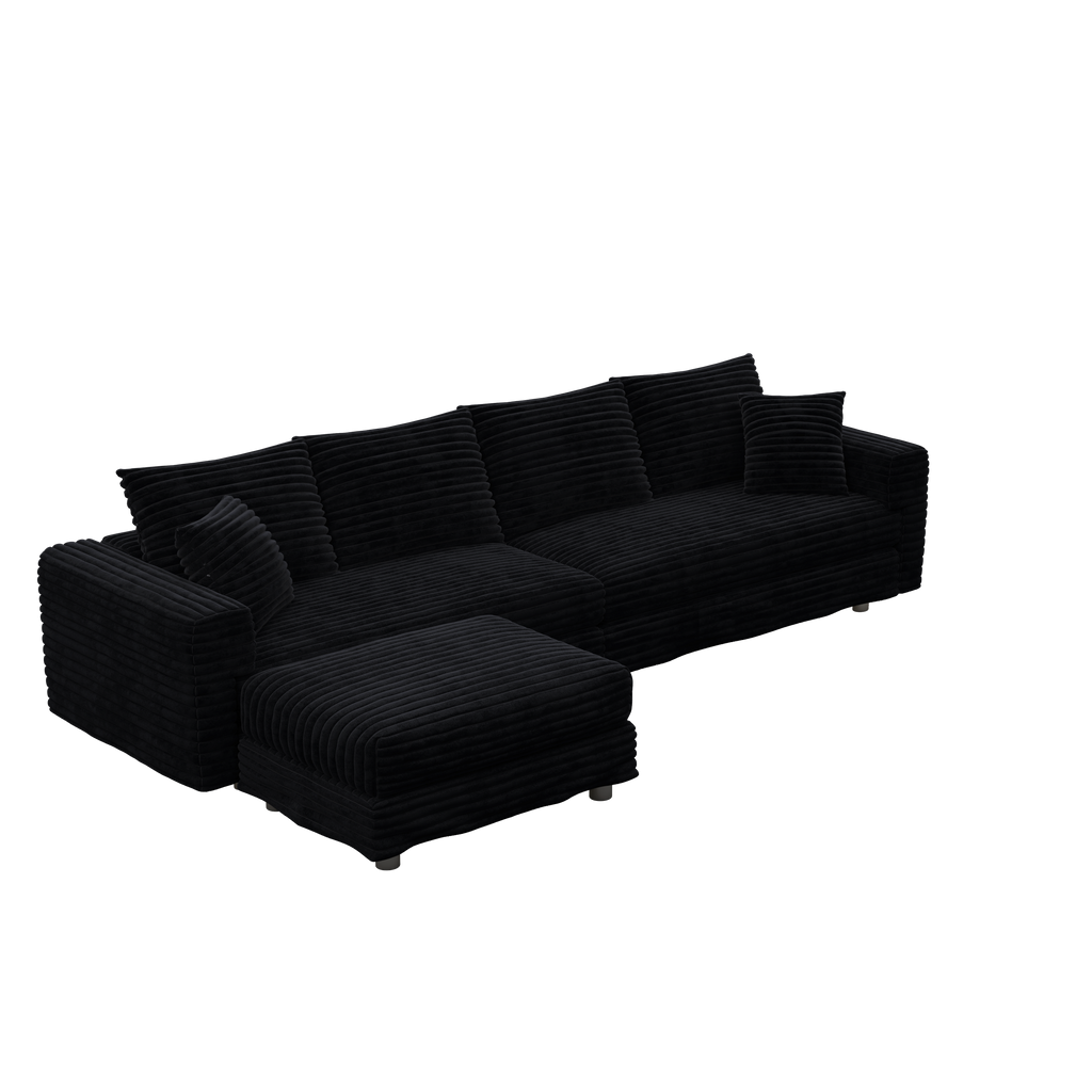 102.4 'Plush Corduroy 4-Seat Sofa,Modern Comfy Upholstered Sofa Cloud Couch,Deep Seat Couches with Soft Pillows and 3 Ottomans,Convertible Sofa Lounge Chair,Black(Old SKU:W1885S00287)