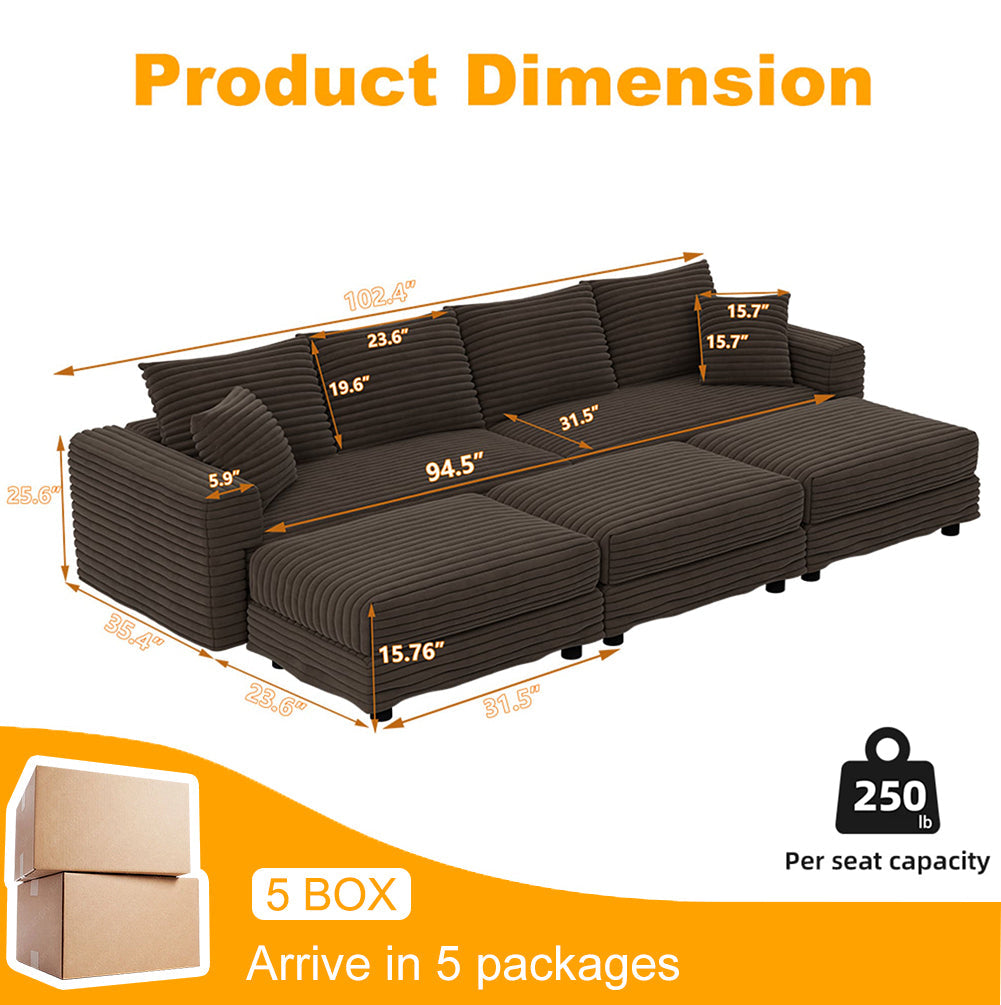 102.4 'Plush Corduroy 4-Seat Sofa,Modern Comfy Upholstered Sofa Cloud Couch,Deep Seat Couches with Soft Pillows and 3 Ottomans,Convertible Sofa Lounge Chair,Black(Old SKU:W1885S00287)