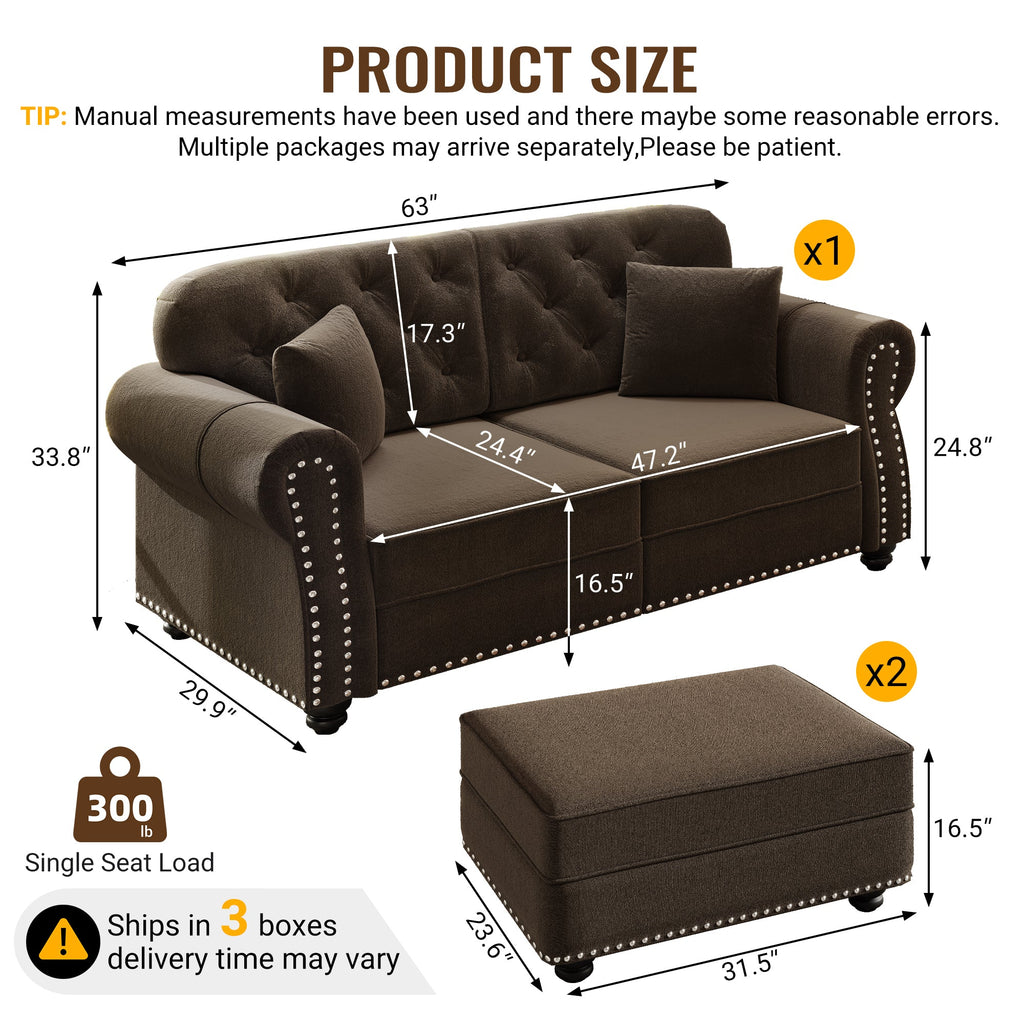 63'Upholstered Velvet Sofa with Nailhead Trim and Rolled Armrests,Mid-Century Modern Chesterfield Sofa with Button Tufted,Includes 2 Pillows,Beige/White