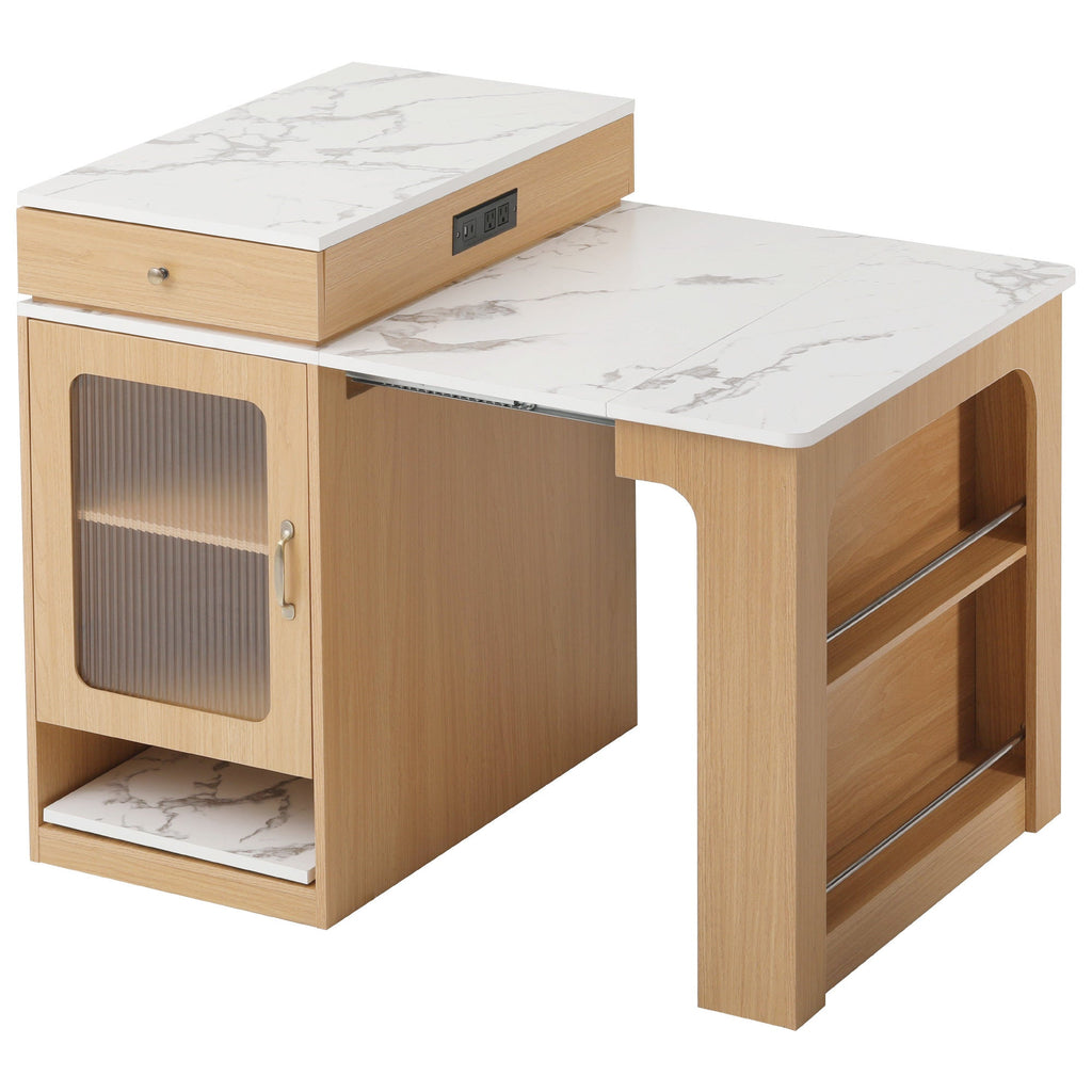 K&K 59.5' Kitchen Island with Extendable Dining Table, Kitchen Storage Table with Double-sided Storage, Kitchen Island with 2 Drawers, Power Outlet, Side Open Shelves, for Kitchen, Dining Room, Black
