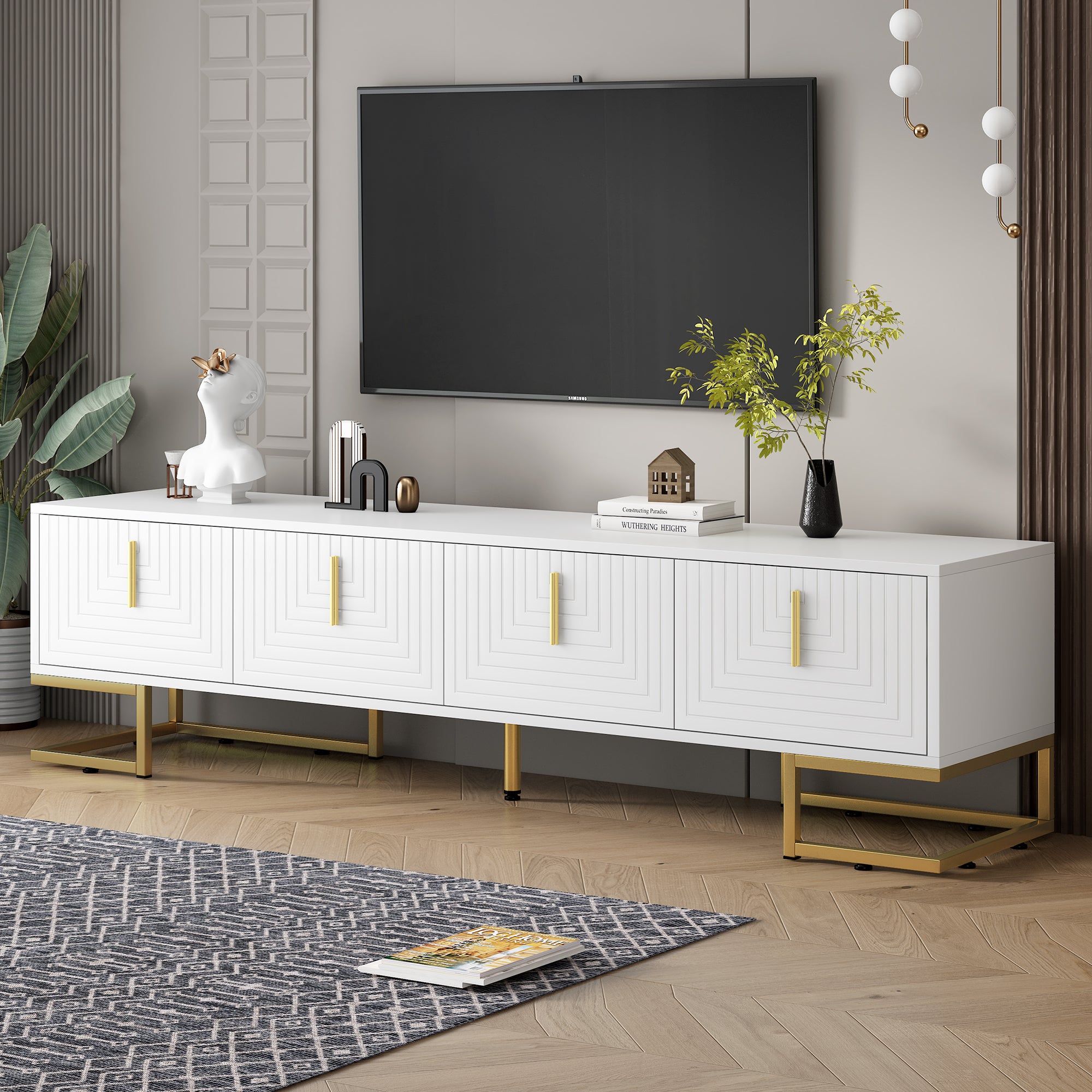 White modern TV stand with gold handles — front view
