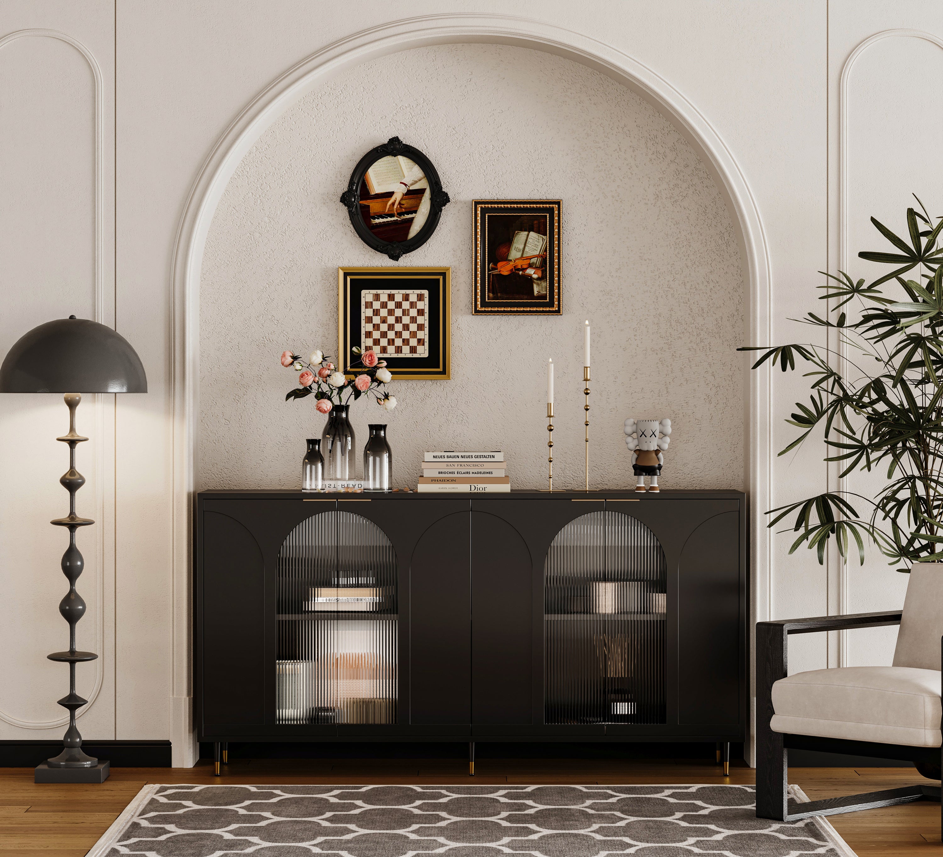 60 inch black lacquered sideboard with fluted glass doors — full overview