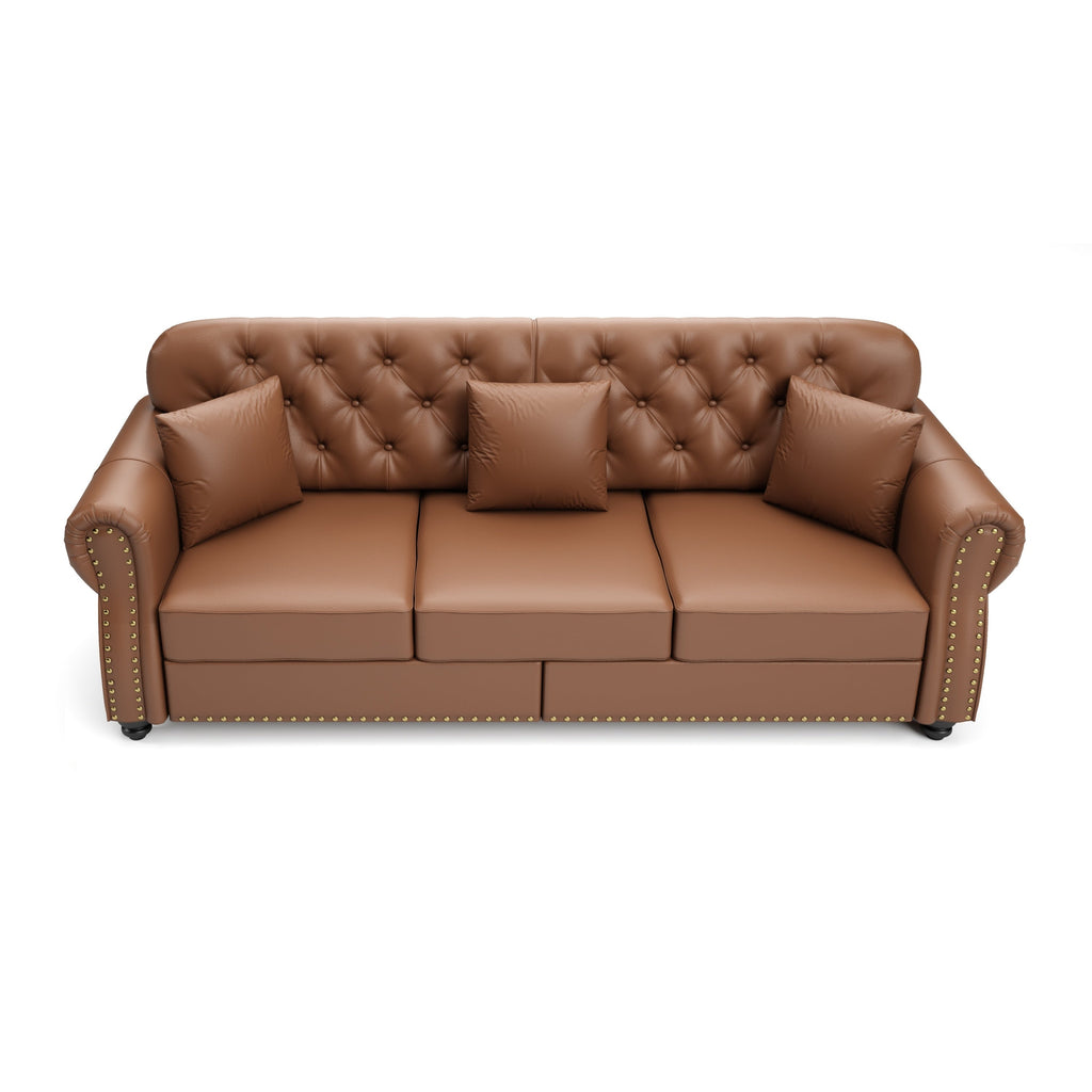 82.6'Upholstered Faux Leather Sofa with Nailhead Trim and Rolled Armrests,Mid-Century Modern Chesterfield Sofa with Button Tufted,Includes 3 Pillows,Black