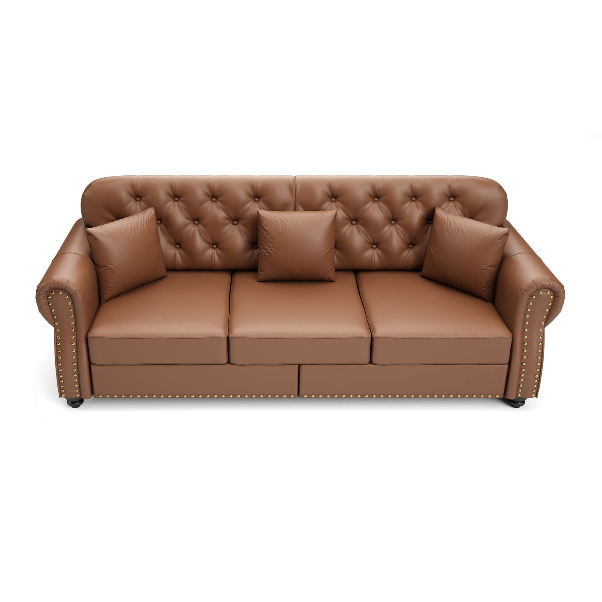82.6'Upholstered Faux Leather Sofa with Nailhead Trim and Rolled Armrests,Mid-Century Modern Chesterfield Sofa with Button Tufted,Includes 3 Pillows,Black