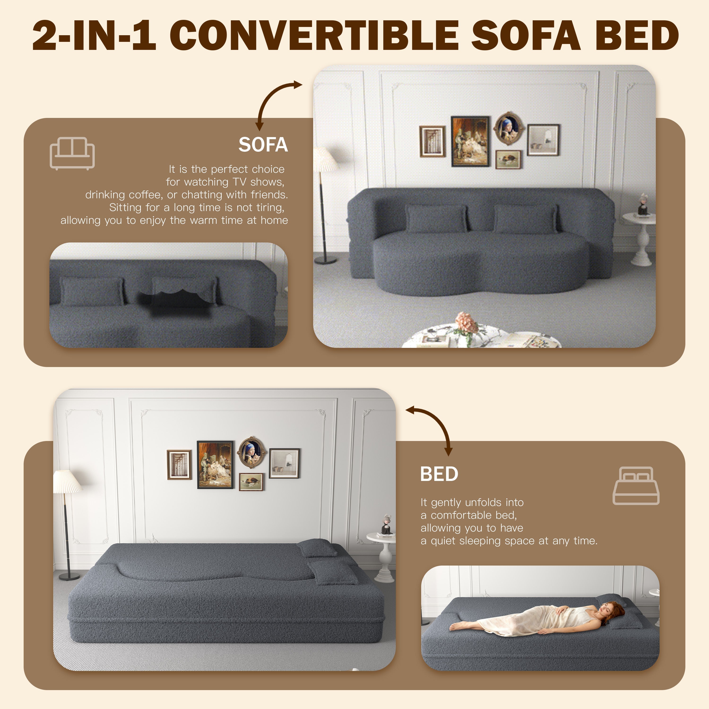 Sherpa Fleece Foldable Floor Sofa Bed — 3-in-1 Full Size, 78" Wide