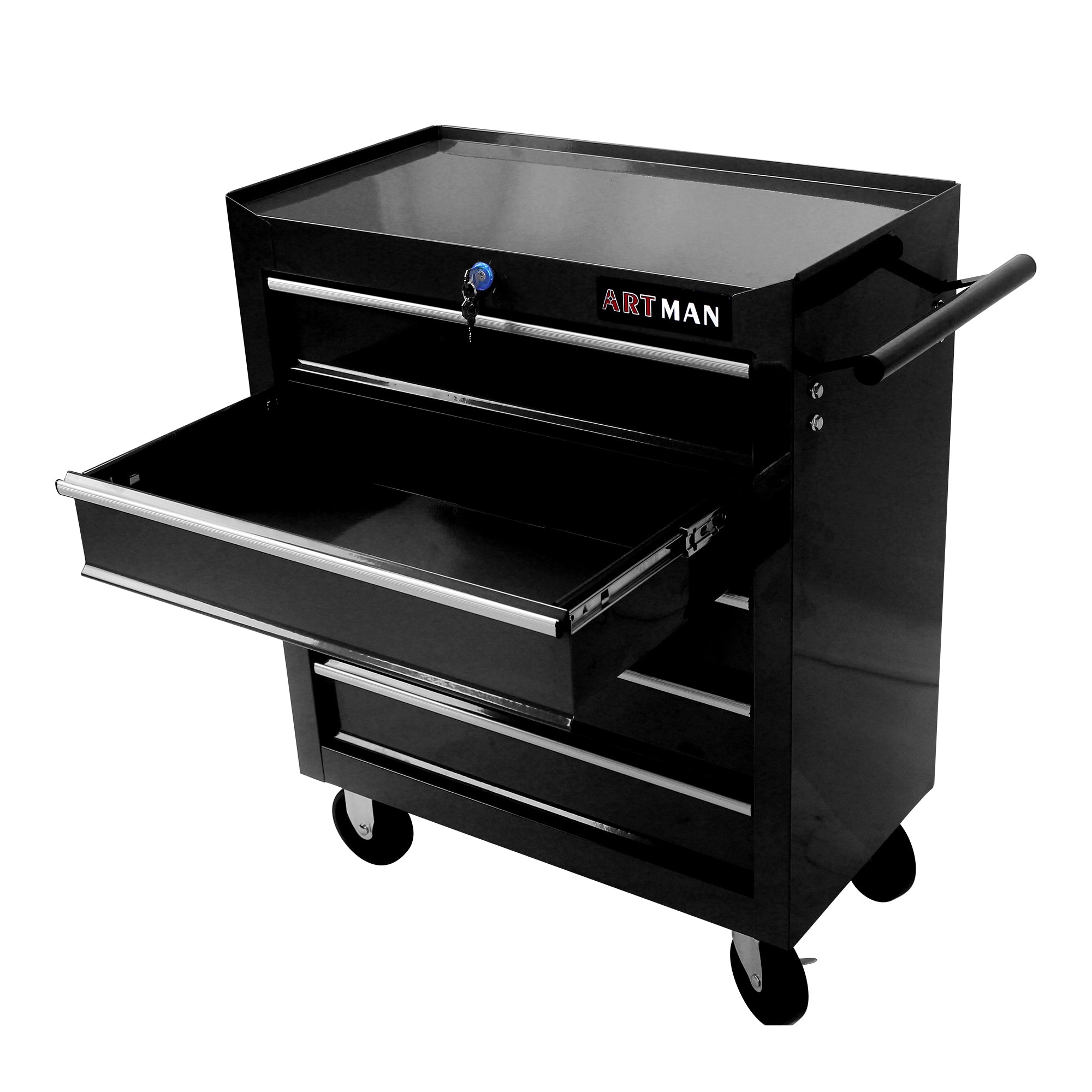 Black powder-coated steel tool cart drawer open view