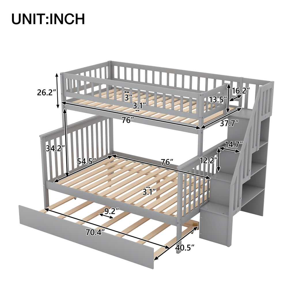 Gray bunk bed with safety guardrails on upper bunk