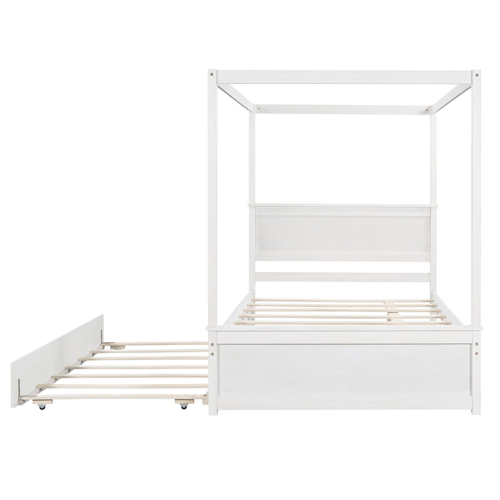 White brushed wood canopy bed frame detail