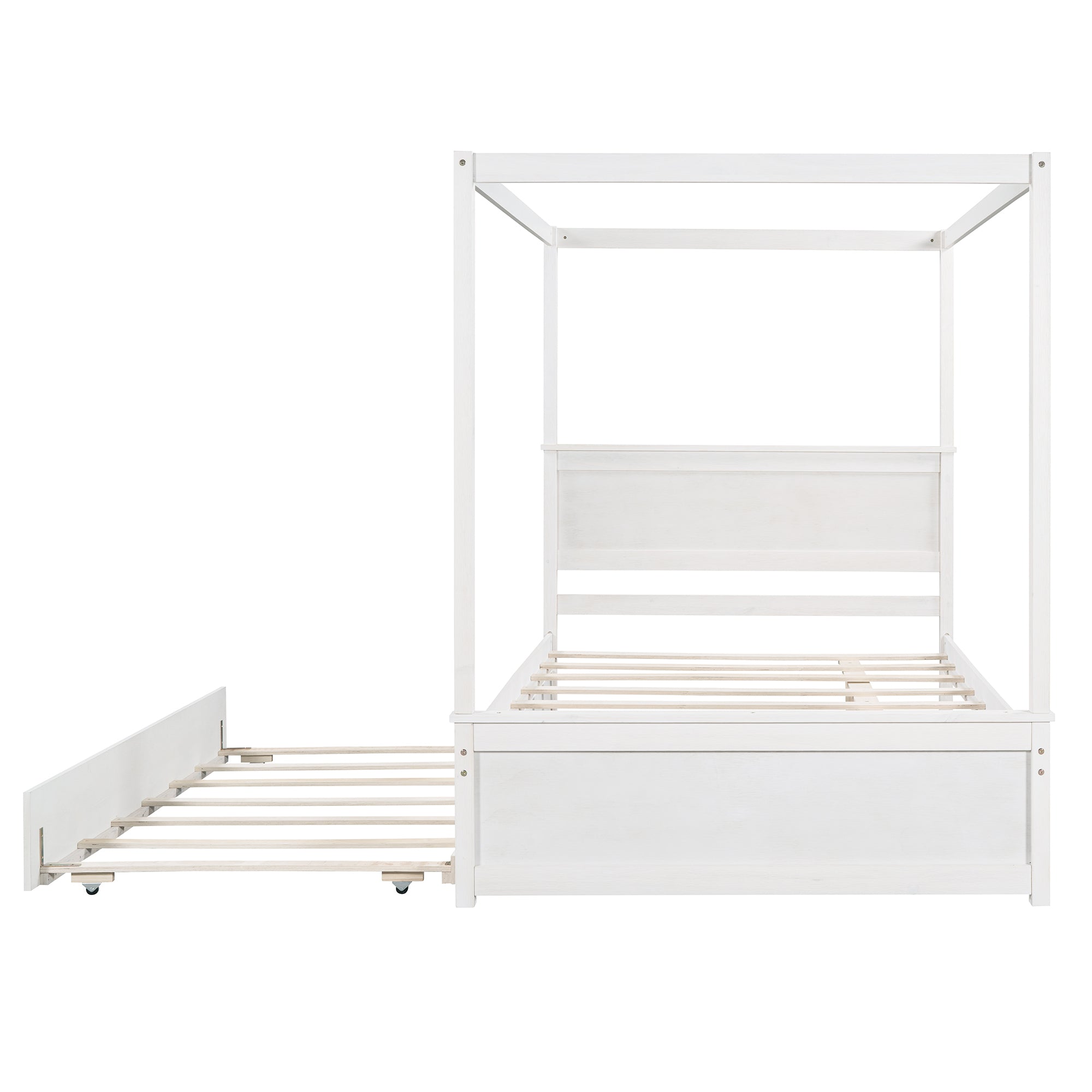 White brushed wood canopy bed frame detail
