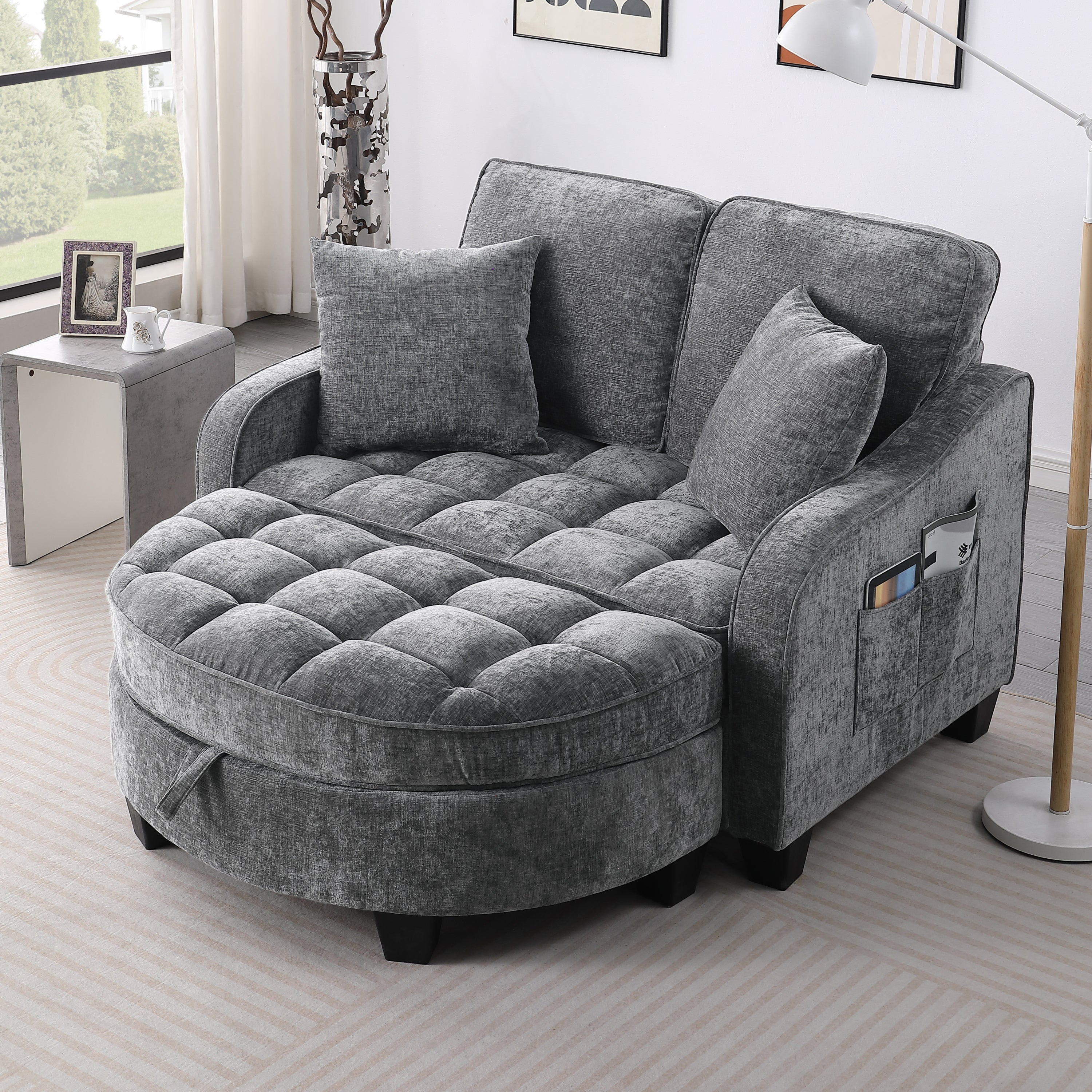 Corduroy 2-Seater Sofa Chaise — Storage Footrest & 2 Pillows, 42.7" Wide