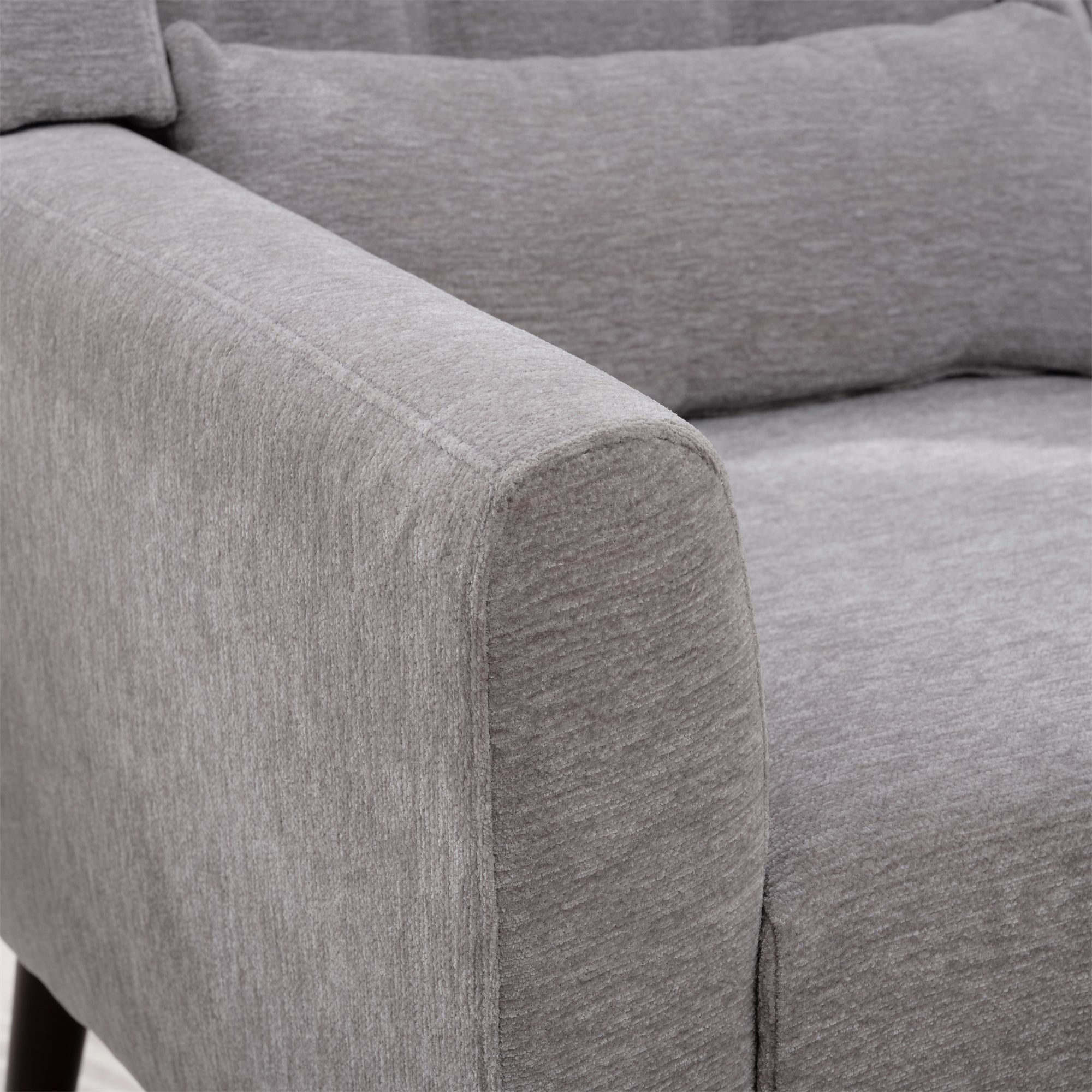 Chenille Accent Chair with Lumbar Pillow — Mid-Century Rubberwood Legs